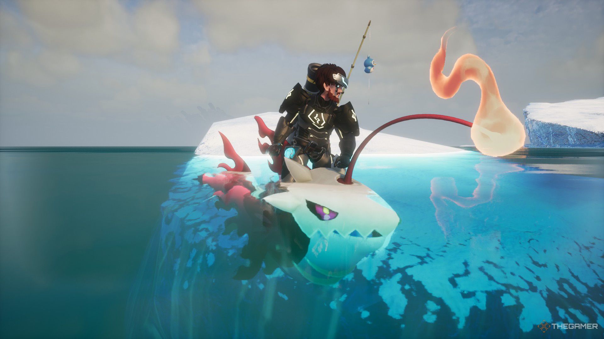 The player rides on a Ghangler Ignis next to an iceberg in Palworld.