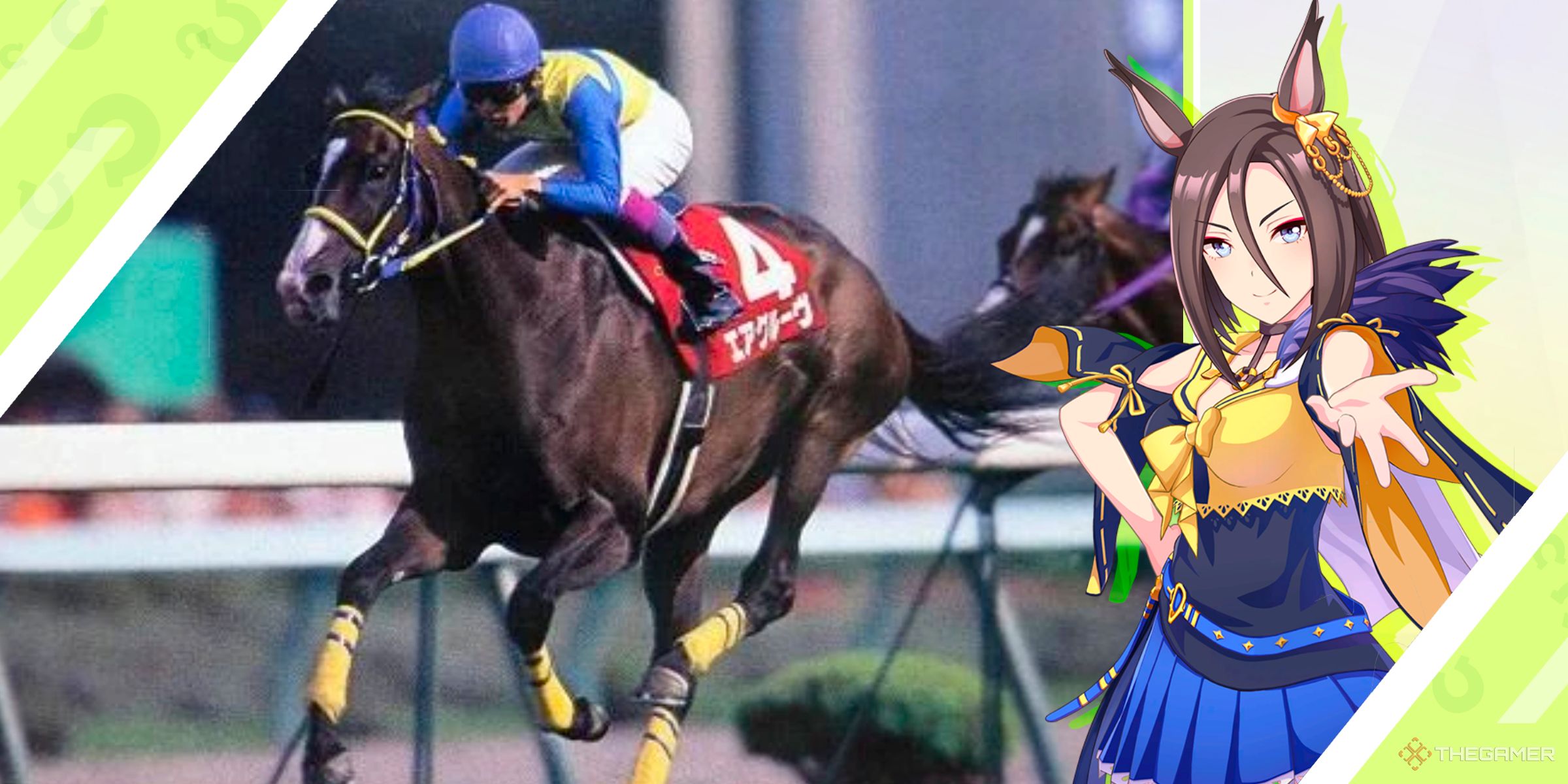 The race horse Air Groove alongside the Umamusume character inspired by the horse from Umamusume: Pretty Derby.