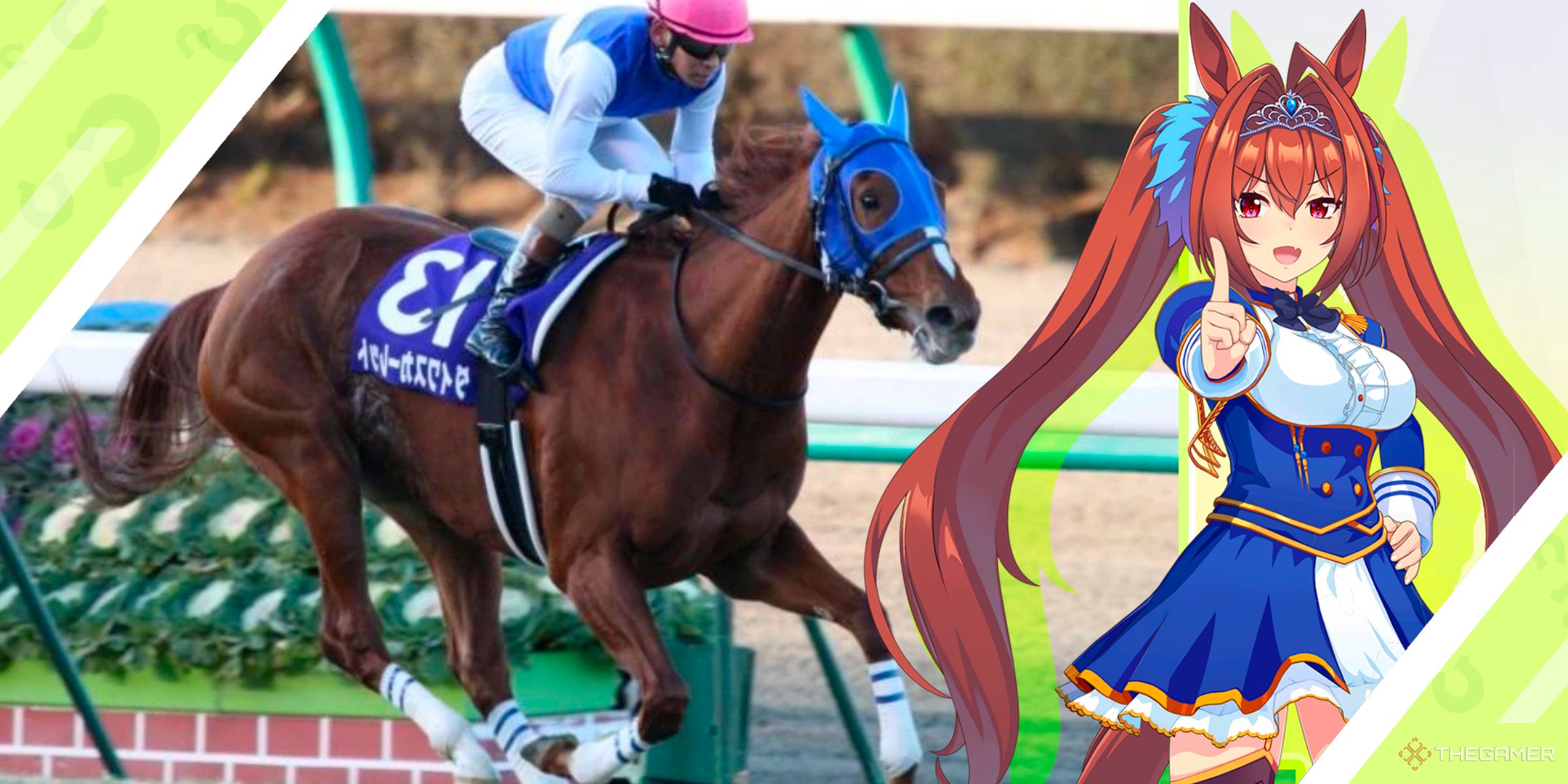 The race horse Daiwa Scarlet alongside the Umamusume character inspired by the horse from Umamusume: Pretty Derby.
