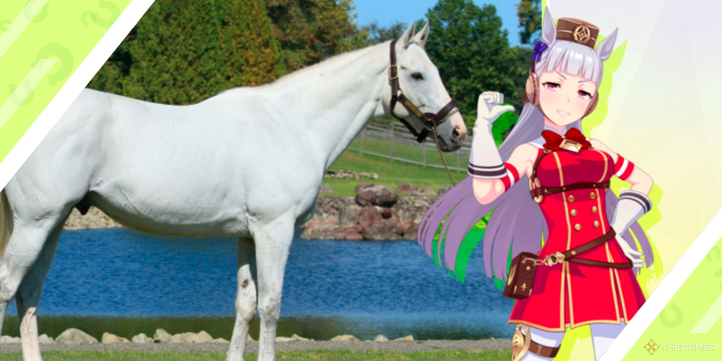 The race horse Gold Ship alongside the Umamusume character inspired by the horse from Umamusume: Pretty Derby.