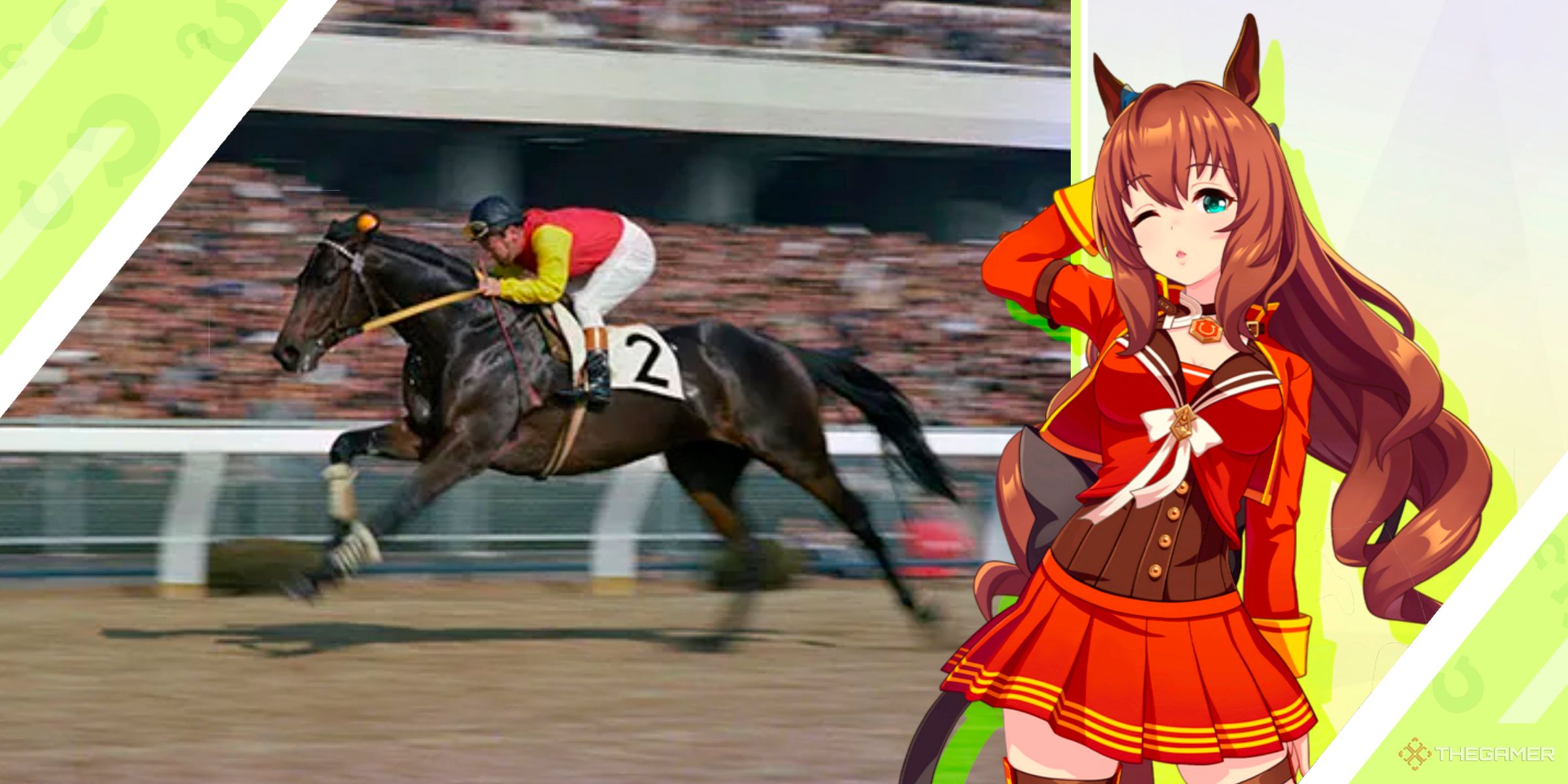 The race horse Maruzensky alongside the Umamusume character inspired by the horse from Umamusume: Pretty Derby.