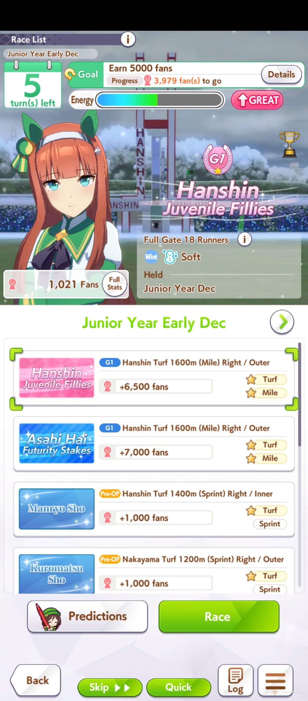 The race menu is showing multiple races to participate in Umamusume Pretty Derby.