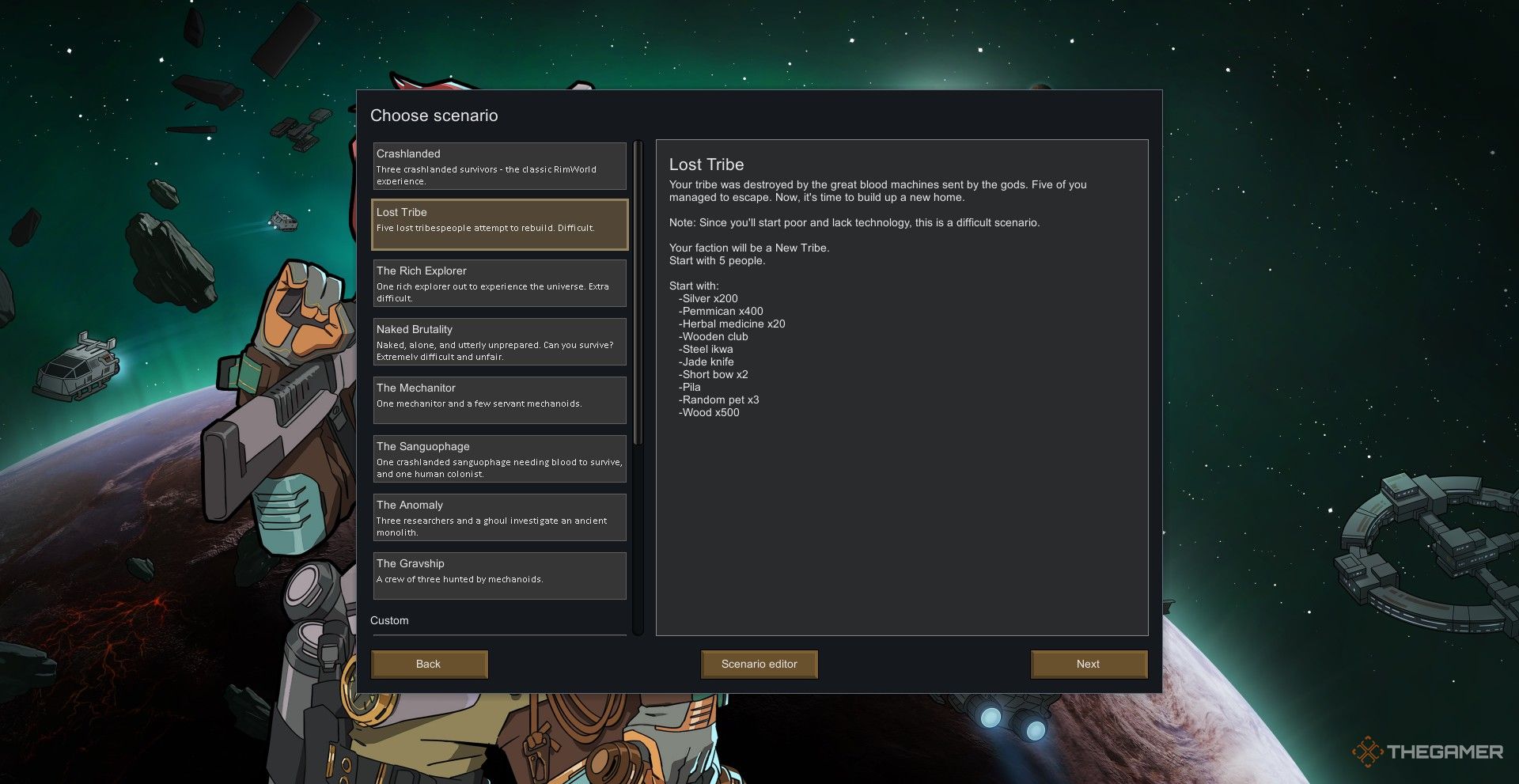 The scenario screen in Rimworld.