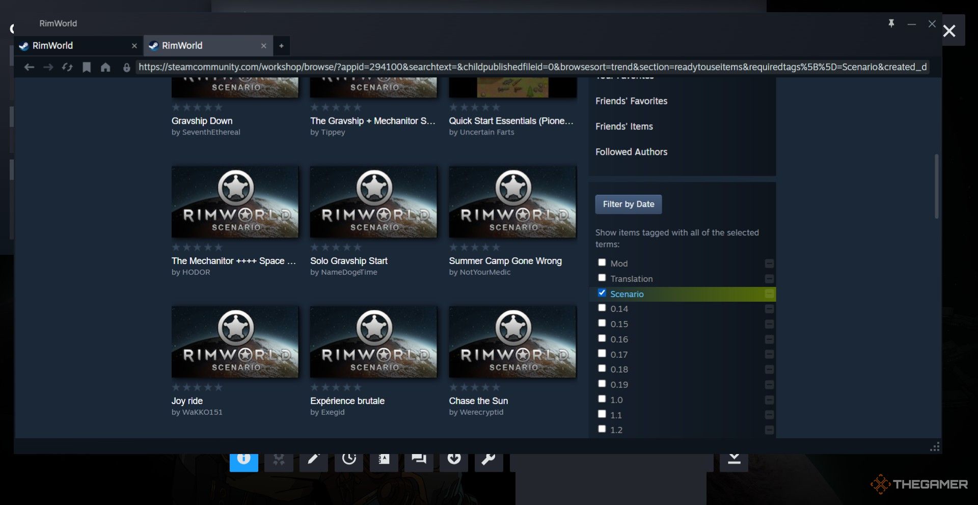 The scenario section of Rimworld's Steam Workshop.