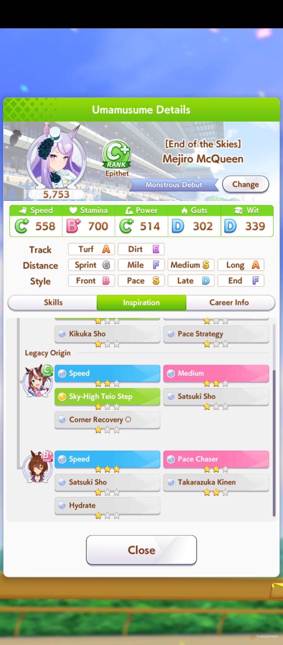The sparks obtained from other legacies are shown in Umamusume Pretty Derby.