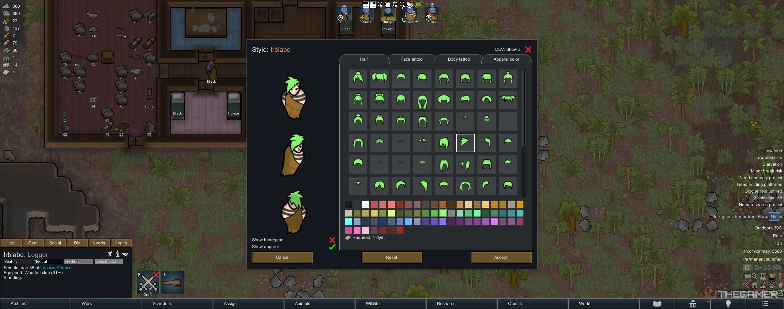 The styling station menu in Rimworld.