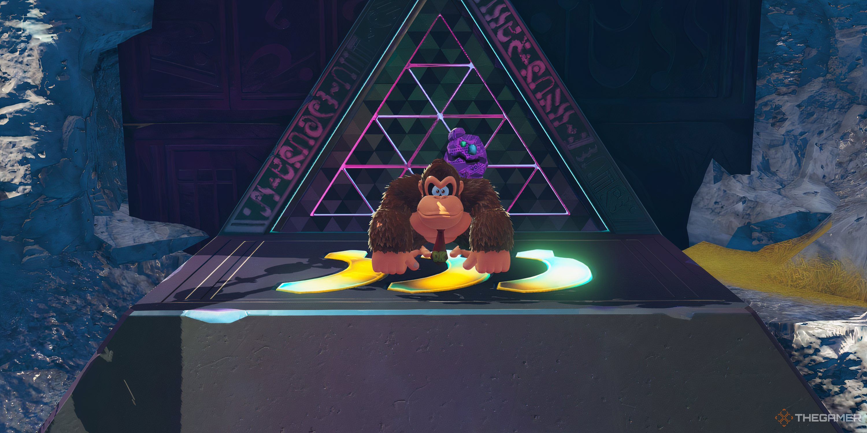 Donkey Kong stands outside the Thorn-Choked Conveyor challenge level in Donkey Kong Bananza.