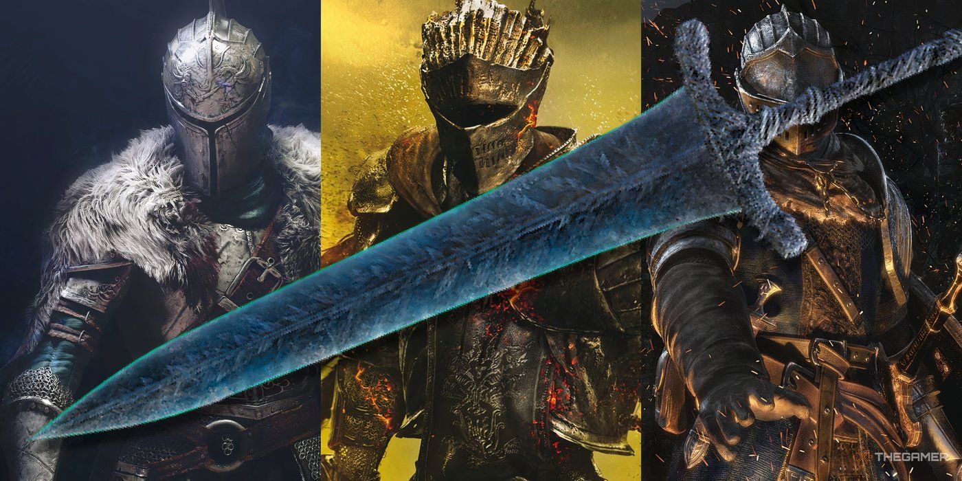 Three Dark Souls protagonists with a Moonlight Greatsword model overlaid.