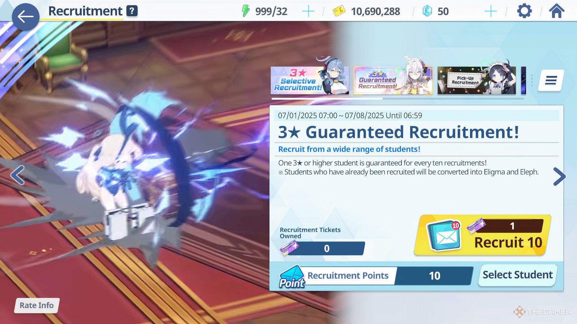 Three Star Guaranteed Recruitment is shown in Blue Archive.