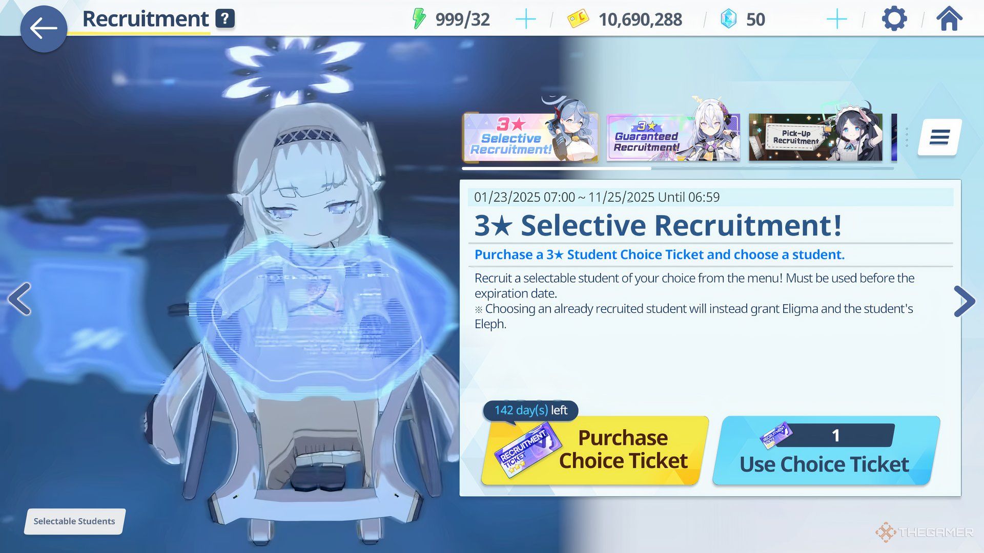 Three star selective recruitment banner is shown in Blue Archive.
