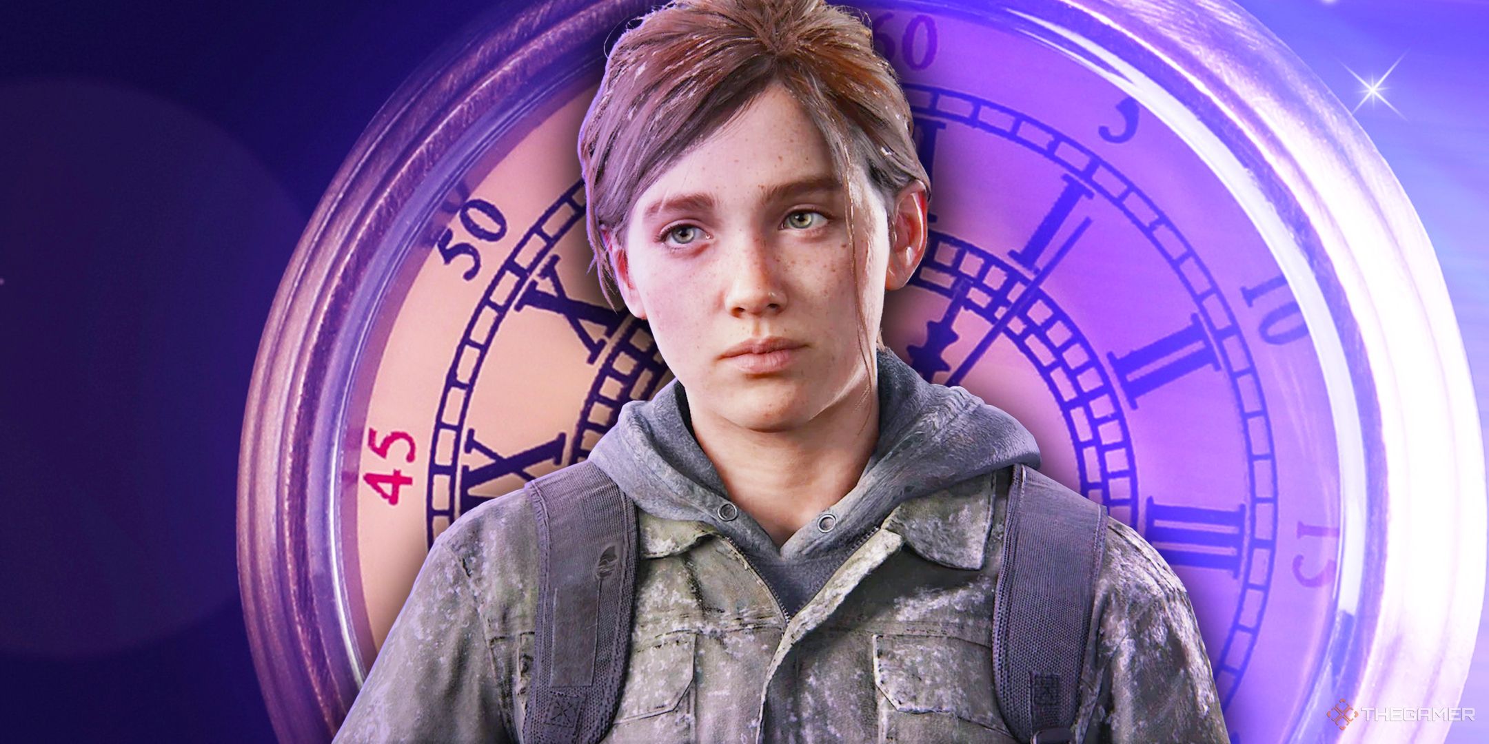 Ellie from The Last of Us Part 2 in front of a clock.