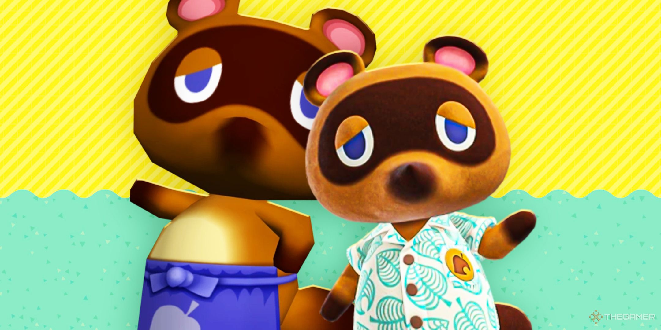 Two versions of Tom Nook on a yellow and blue background.