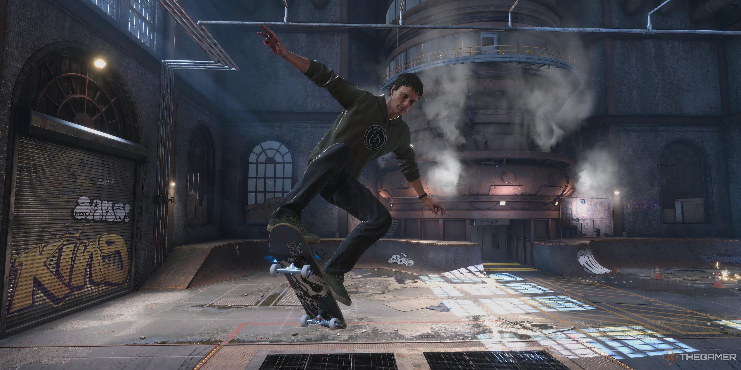 Tony Hawk ollies in the Foundry in Tony Hawk's Pro Skater 3+4.
