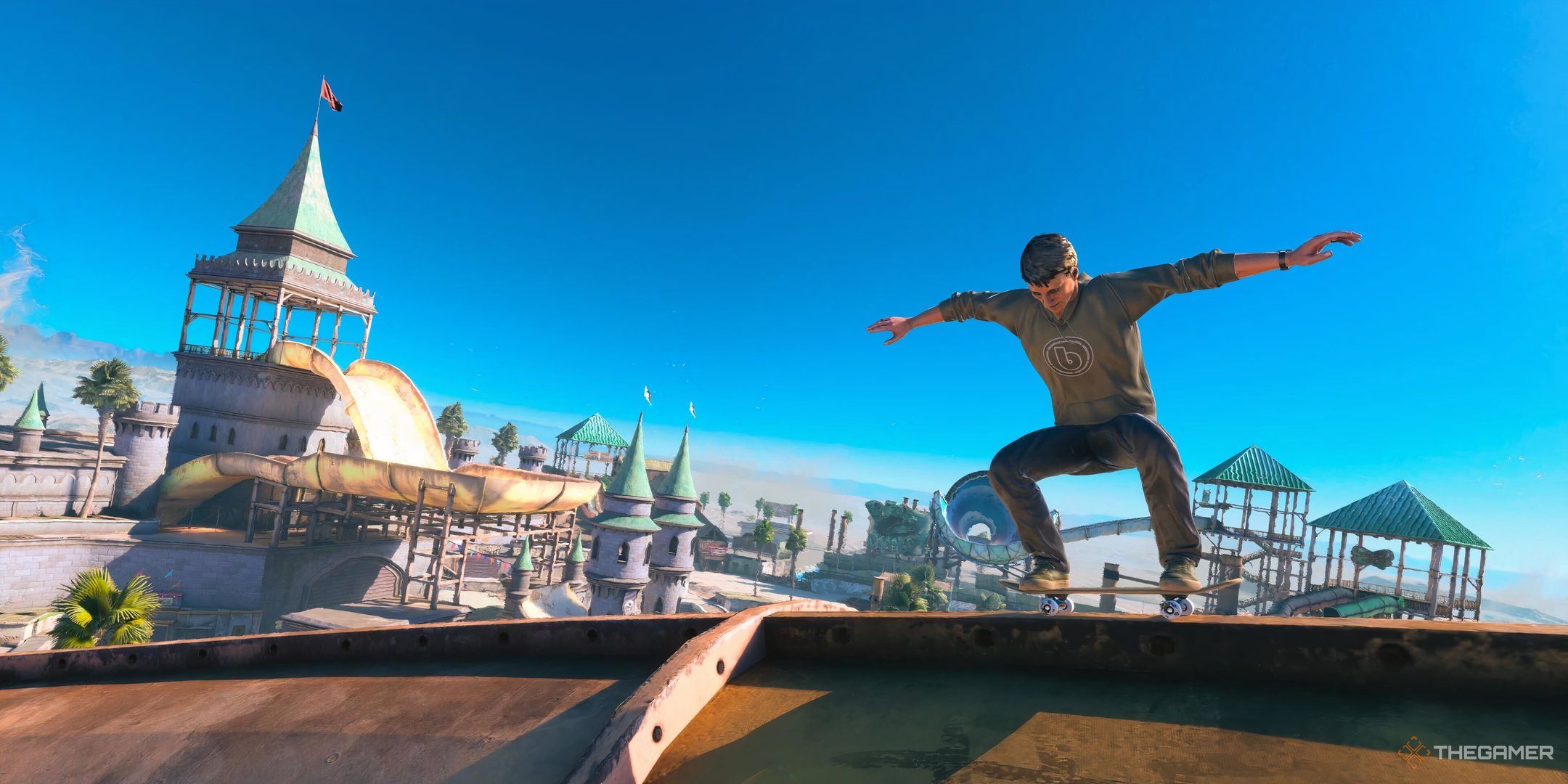 Tony Hawk skating in Pro Skater 3+4's Waterpark level.