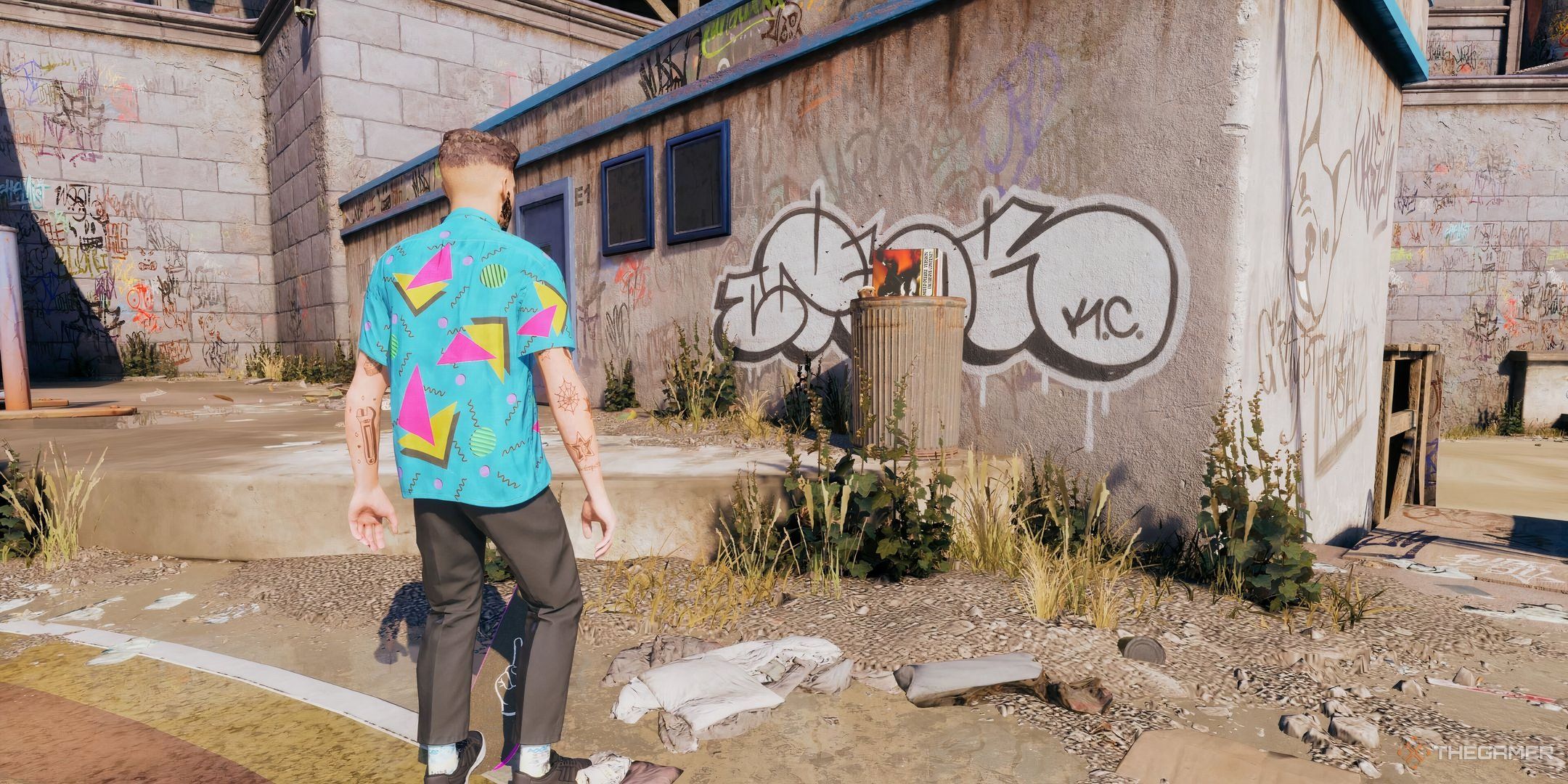 A skater staring at Guitar Hero in the bin in Tony Hawk's Pro Skater 3+4.
