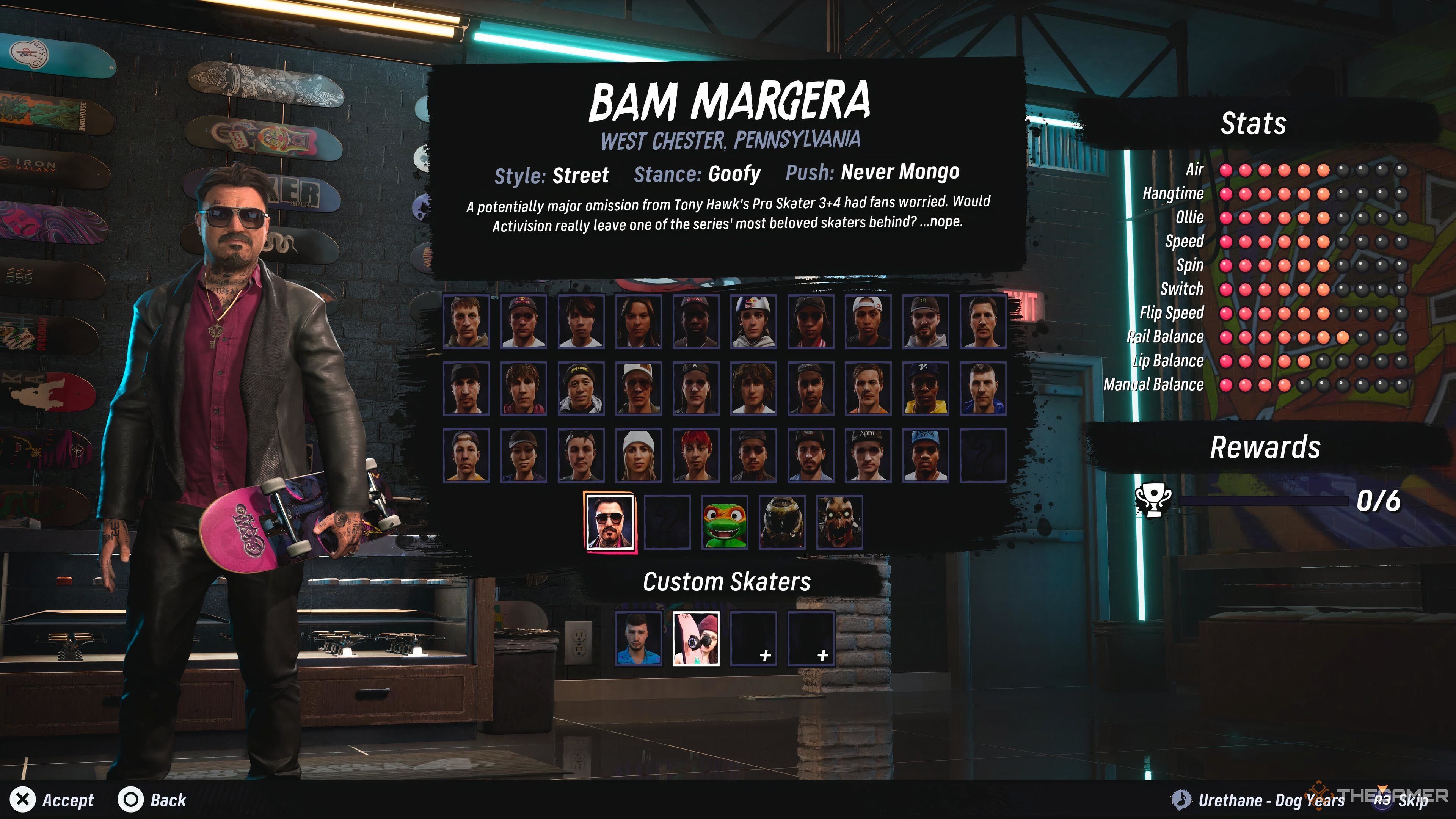 The character description for Bam Margera in Tony Hawk's Pro Skater 3+4.