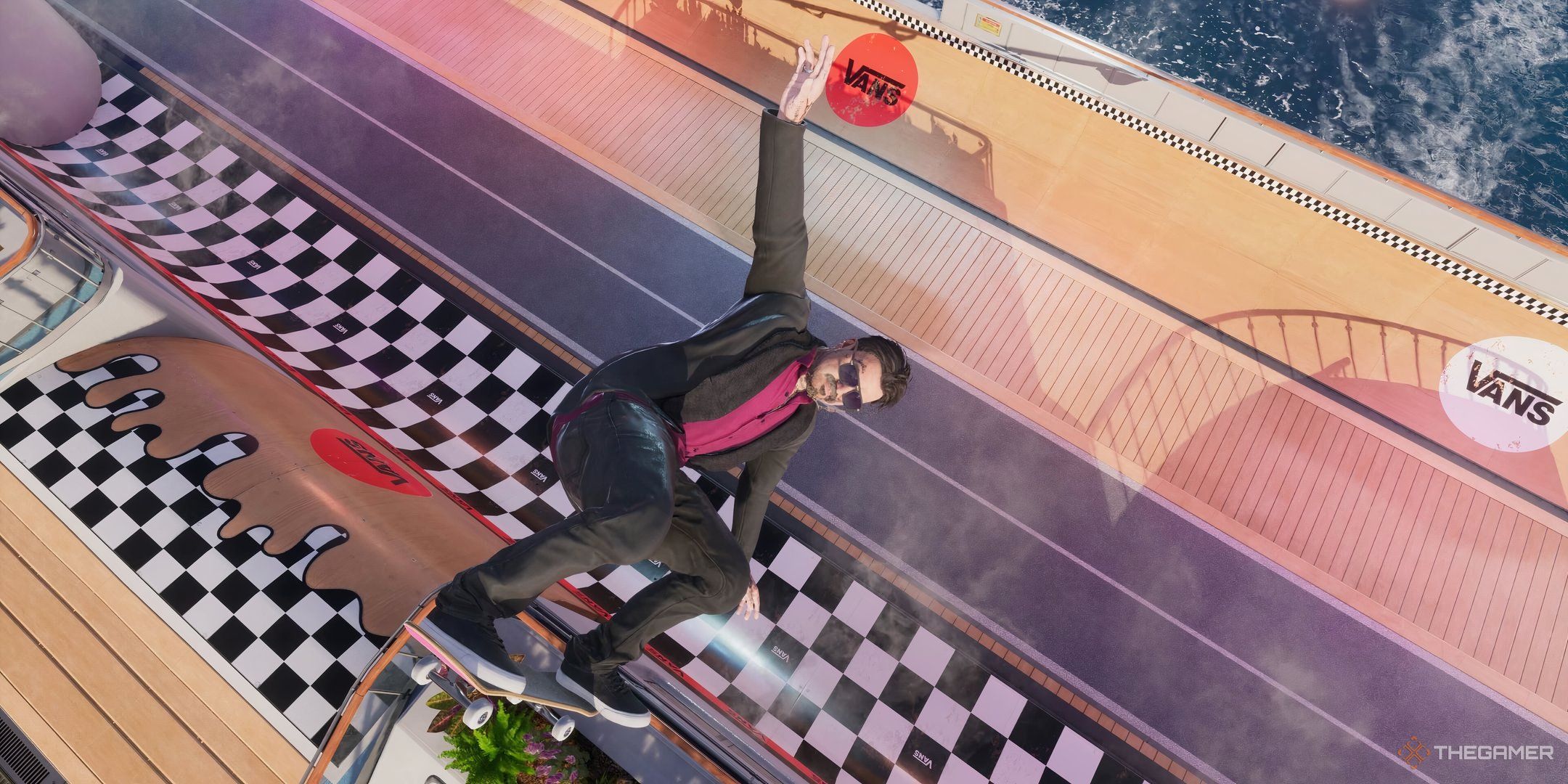 Bam Margera going up a ramp on his skateboard in Tony Hawk's Pro Skater 3+4.