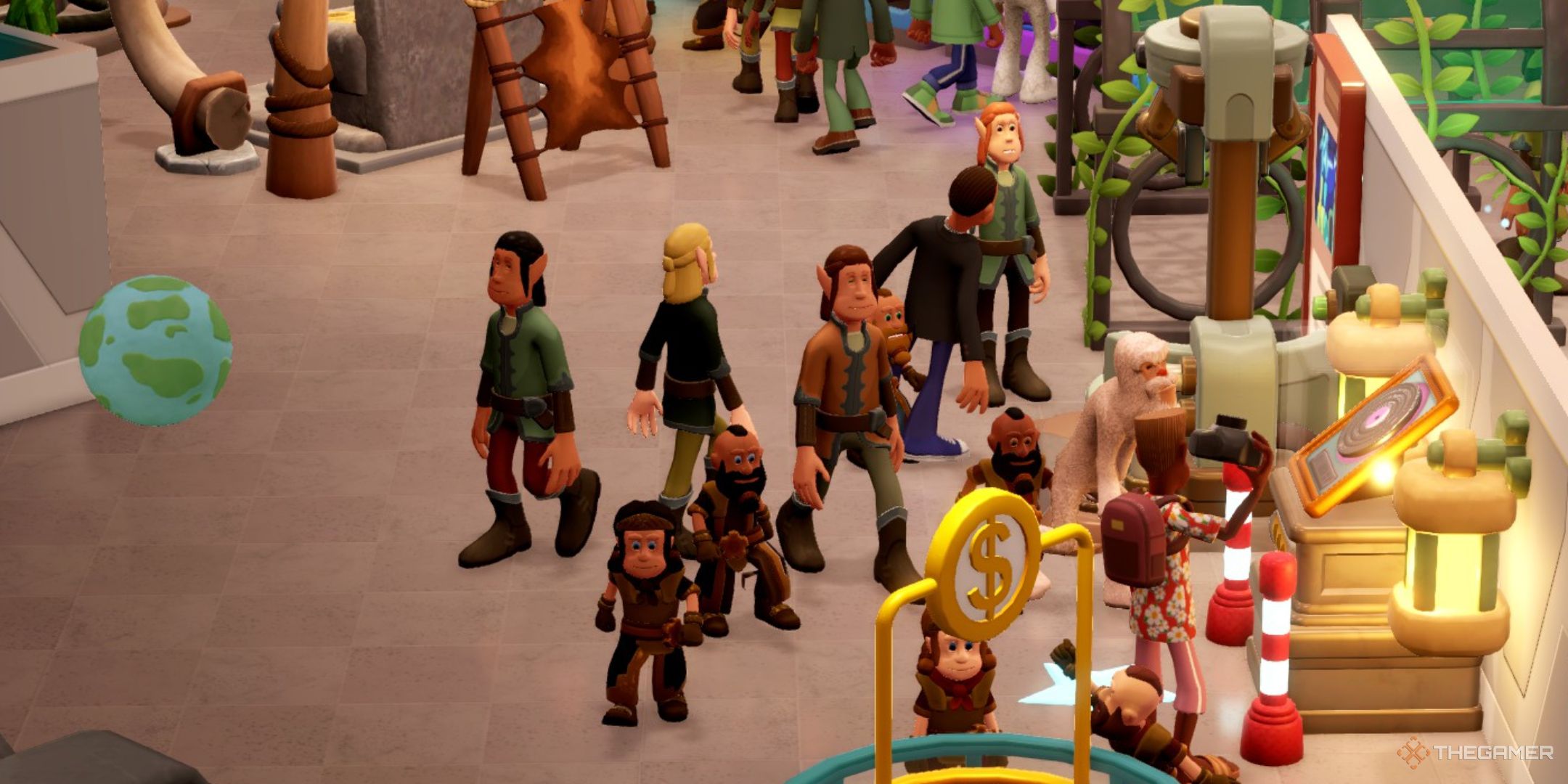 a group of elves and dwarves look at exhibits in two point museum.
