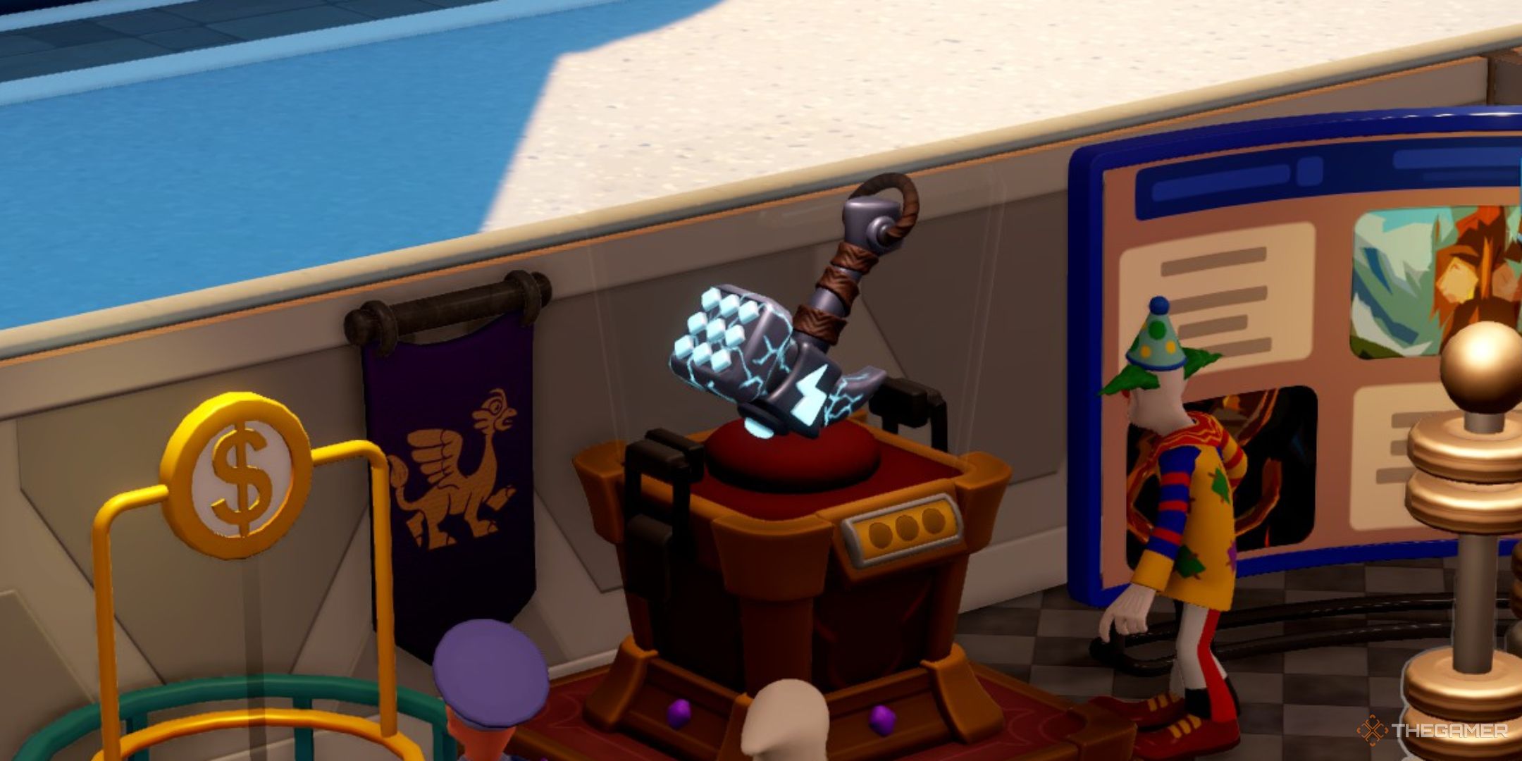 a clown looks at nor's hammer in two point museum.