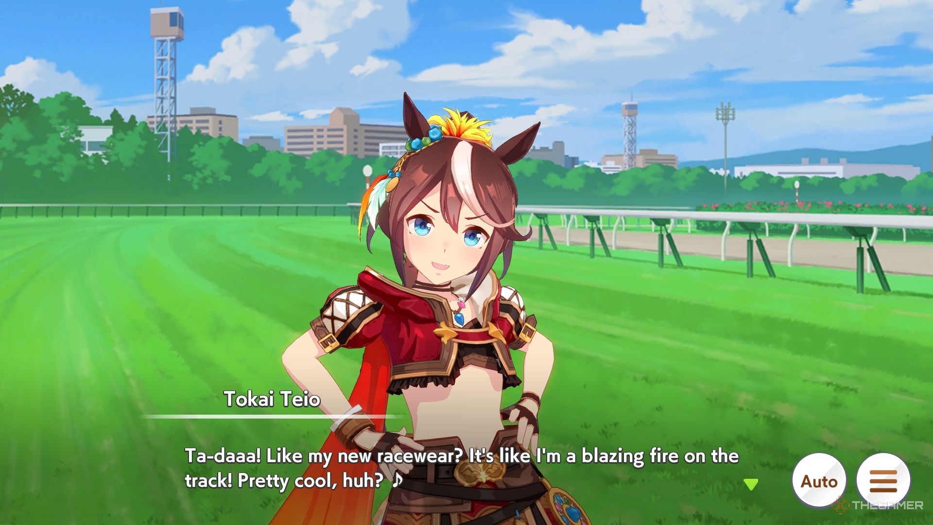 Umamusume Pretty Derby Beyond The Horizon Tokai Teio talking about her new racewear on the track.