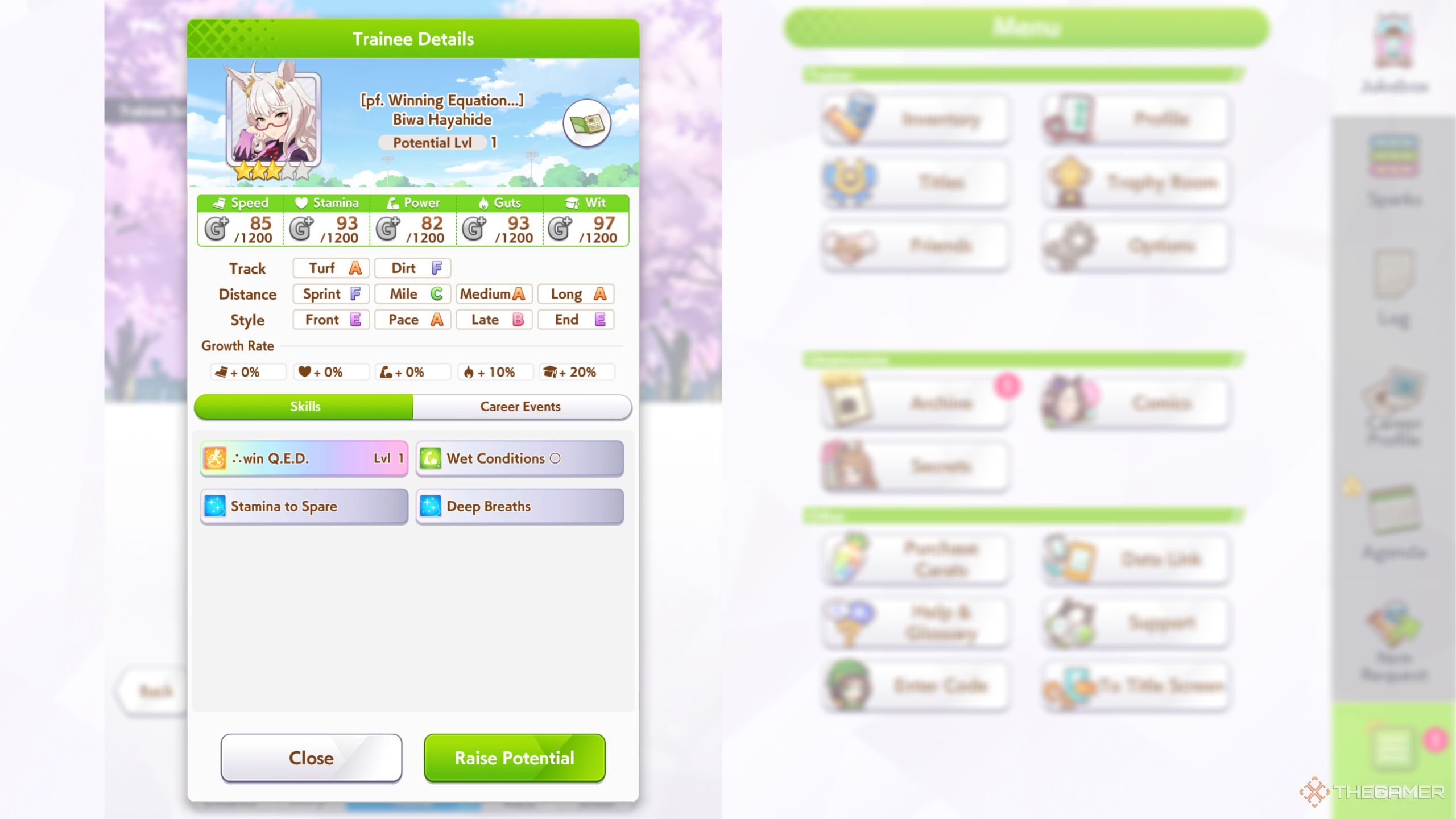 Umamusume Pretty Derby Biwa Hayahide base stats and skills.