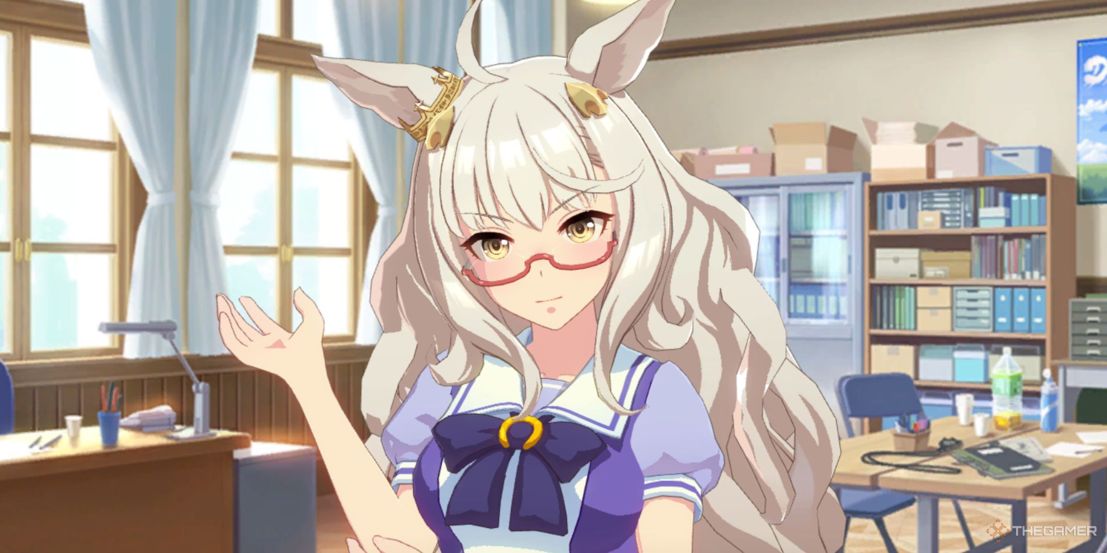 Umamusume Pretty Derby Biwa Hayahide in a classroom.