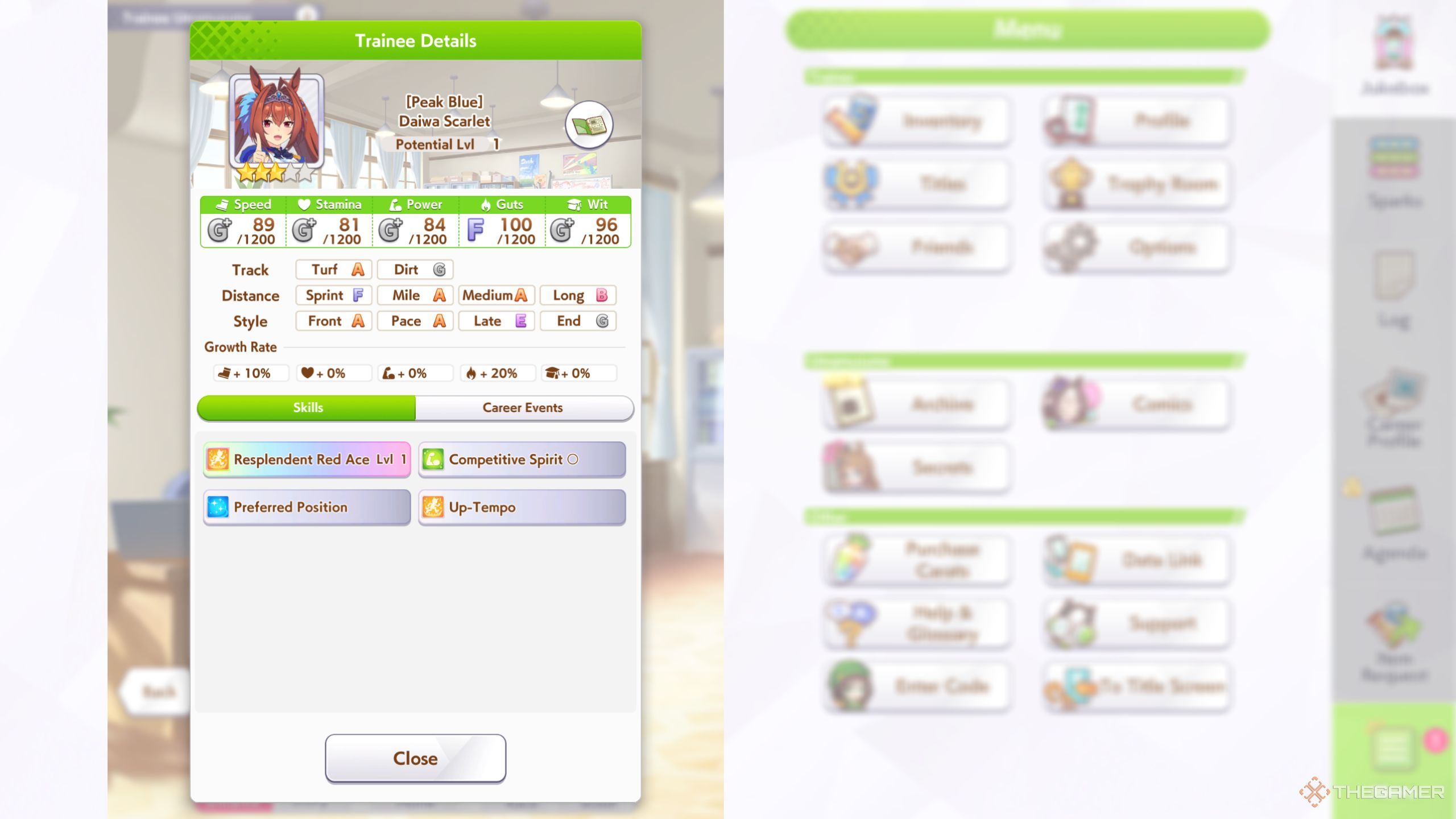 Umamusume Pretty Derby Daiwa Scarlet base stats and skills.