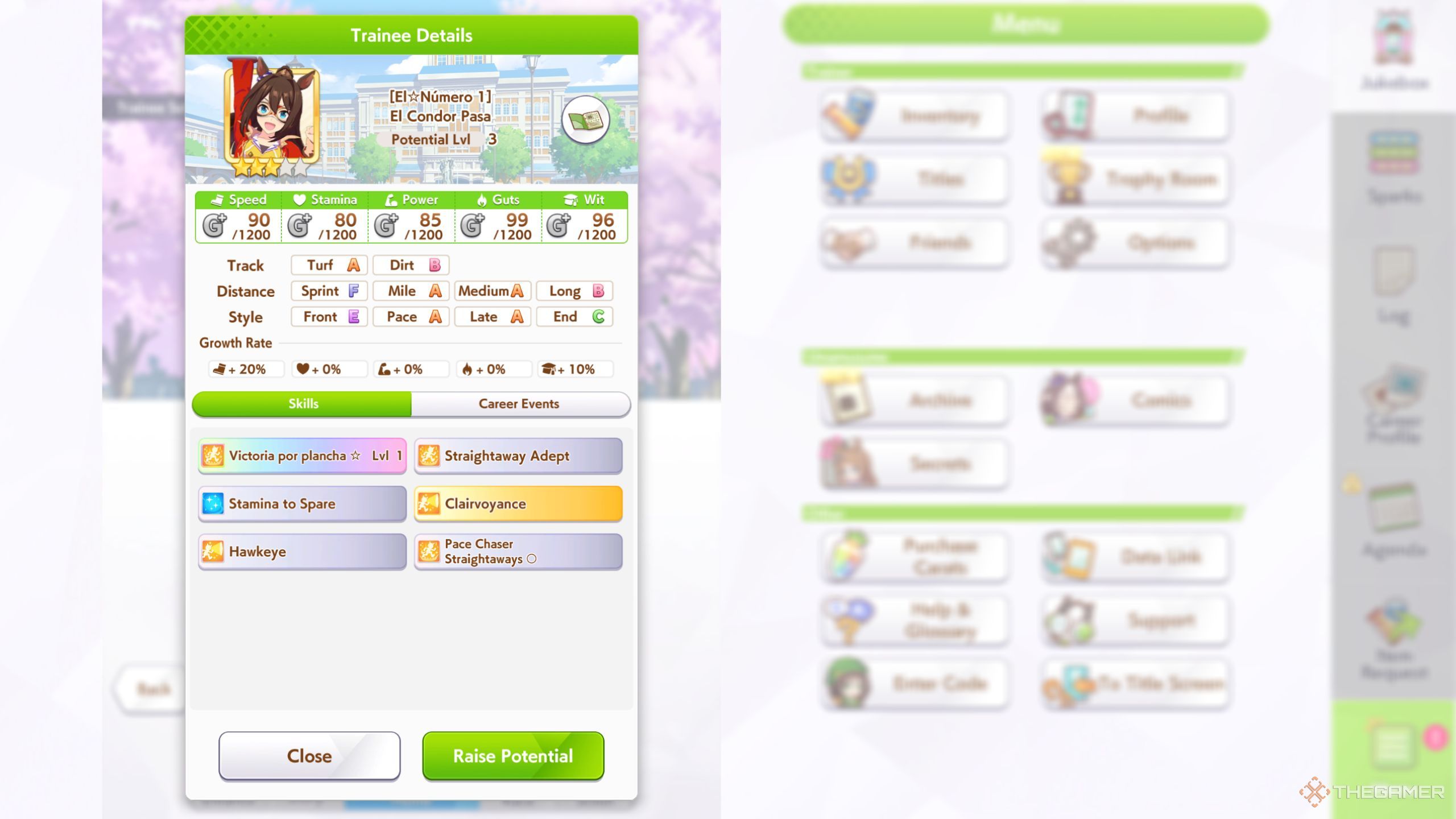 Umamusume Pretty Derby El Condor Pasa base stats and skills.