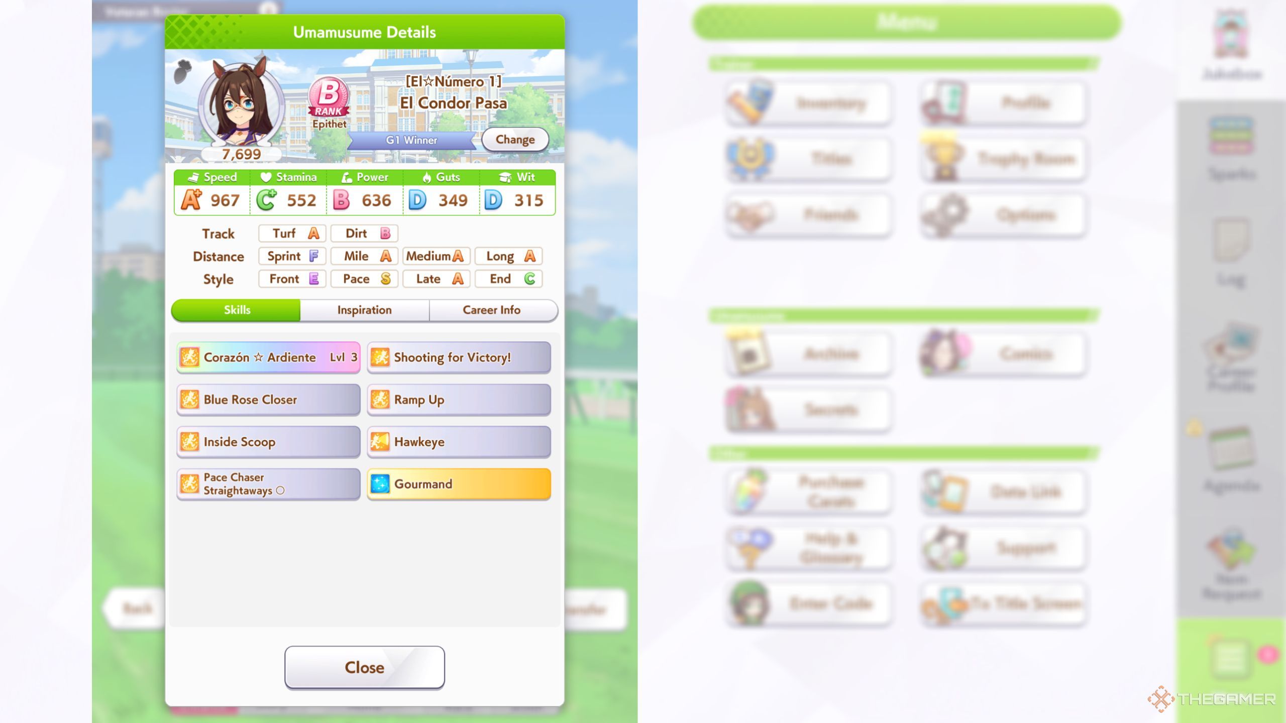 Umamusume Pretty Derby El Condor Pasa full stats and skills after a B rank run.