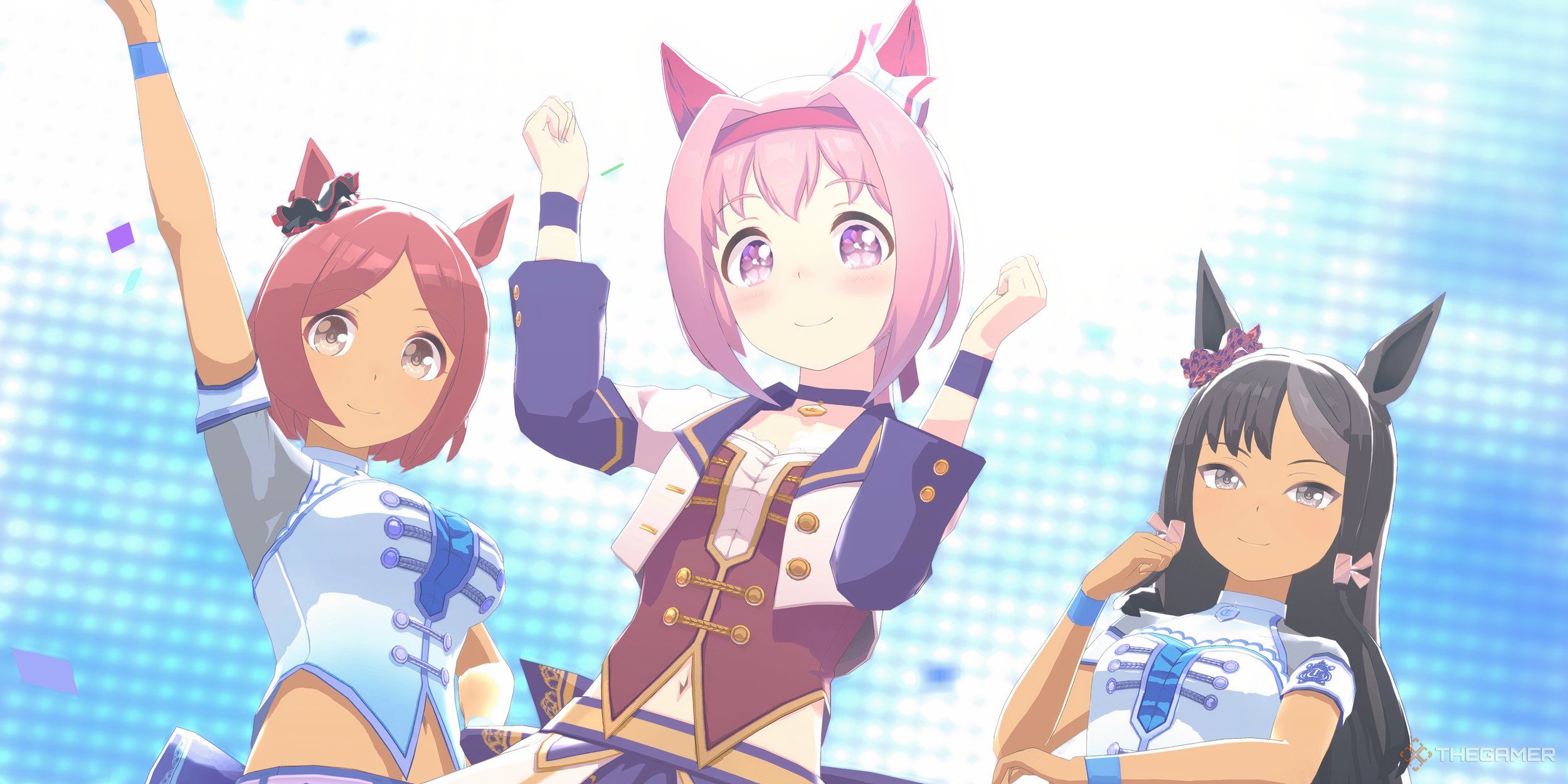 Haru and two other racers dancing on stage.