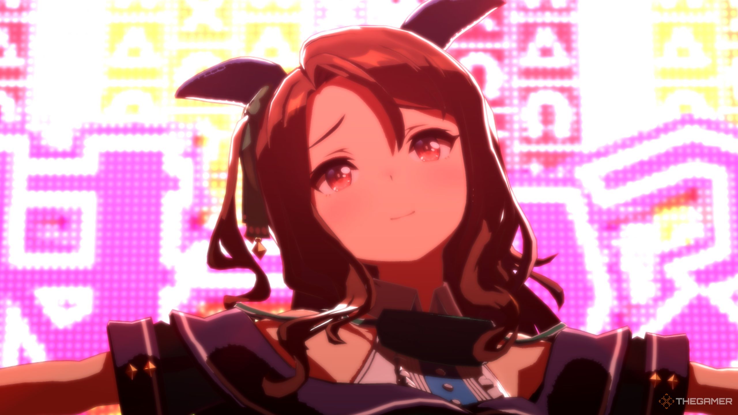 Umamusume Pretty Derby King Halo in concert with smile on face.
