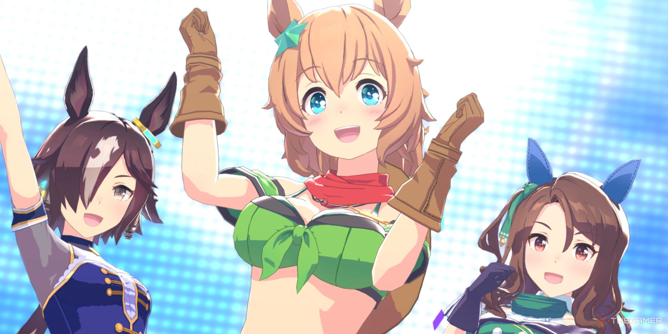Umamusume Pretty Derby King Halo, Vodka, and Taiki Shuttle on the screen.