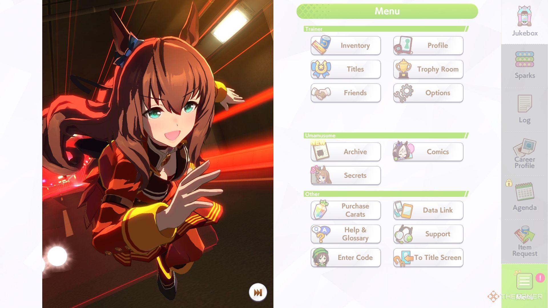 Umamusume Pretty Derby Maruzensky dashing through a highway tunnel in red.