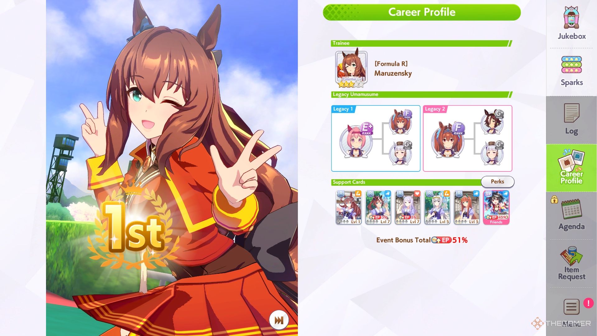 Umamusume Pretty Derby Maruzensky winning first place in a race.