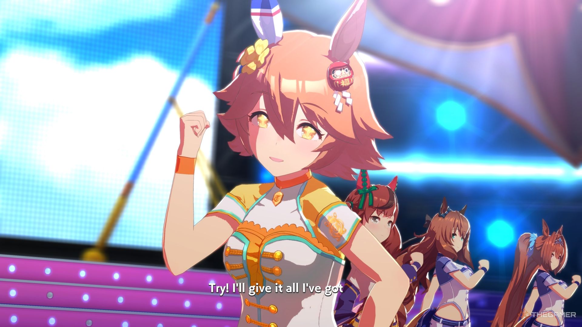 Umamusume Pretty Derby Matikanefukukitaru singing on stage that she'll try her best.