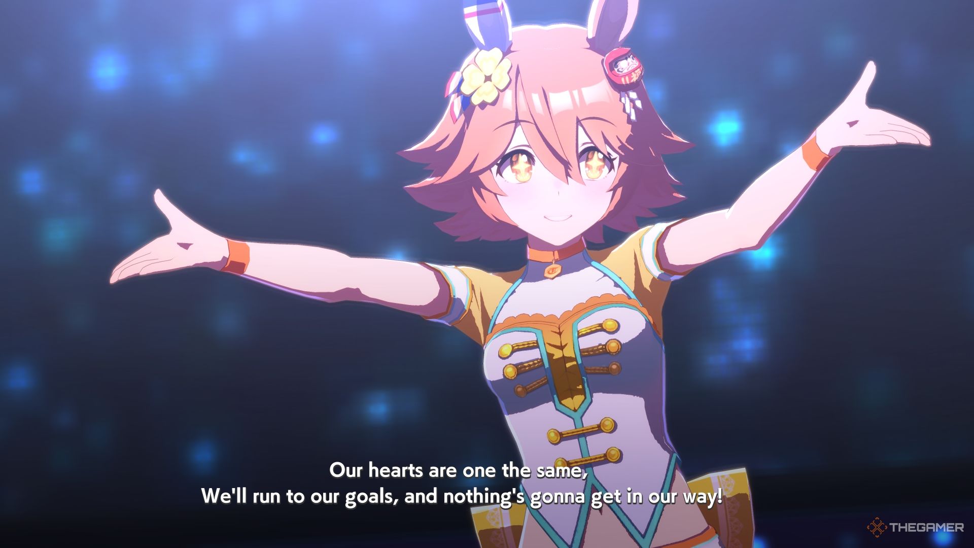 Umamusume Pretty Derby Matikanefukukitaru singing with her arms outstretched.