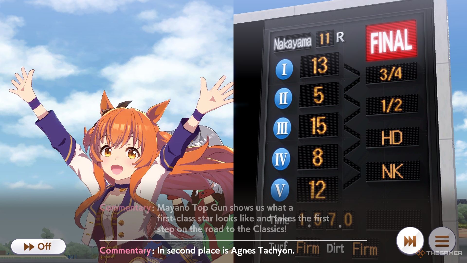 Umamusume Pretty Derby Mayano celebrating her first place win on the track.