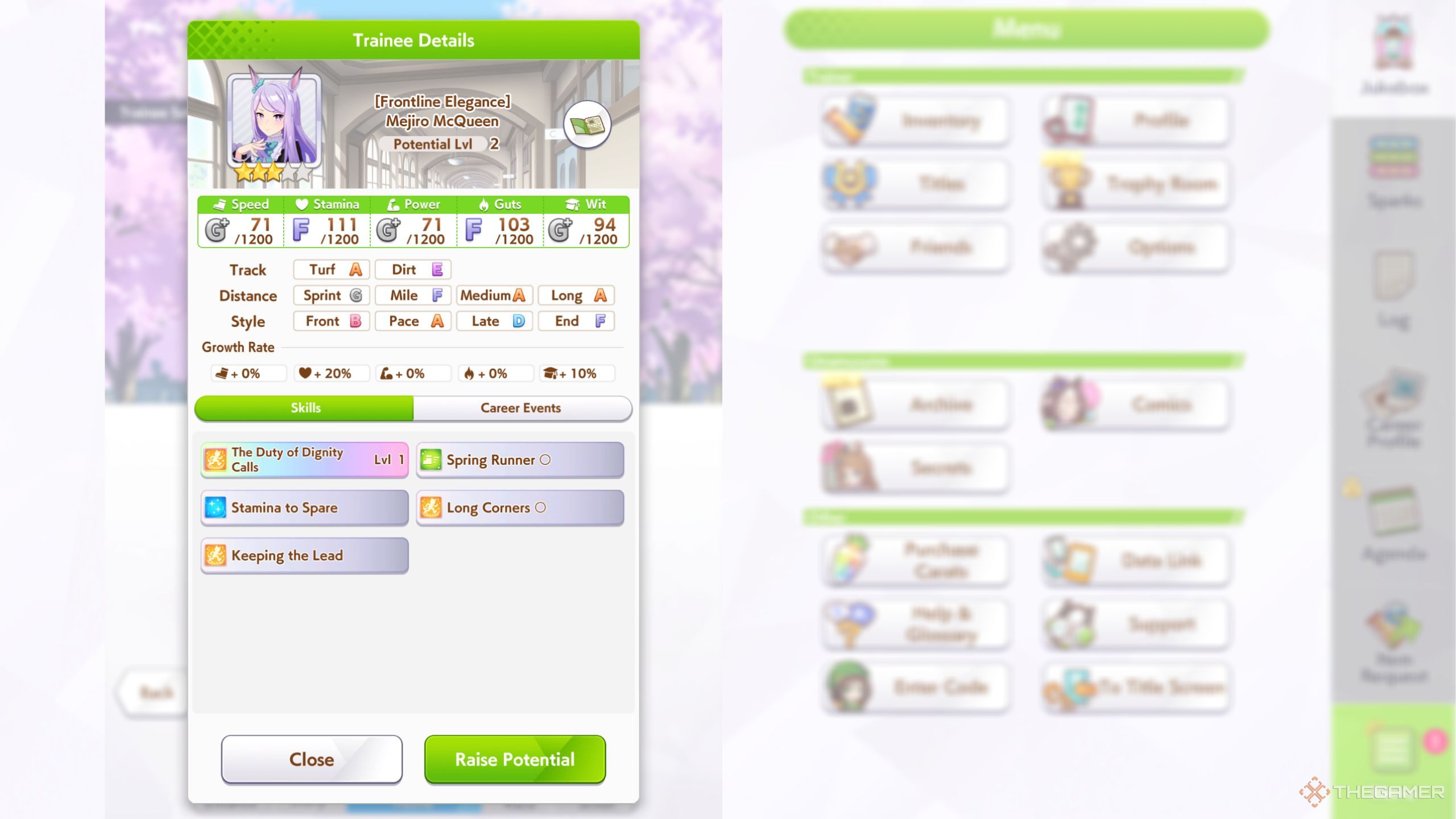 Umamusume Pretty Derby Mejiro McQueen base stats and skills.