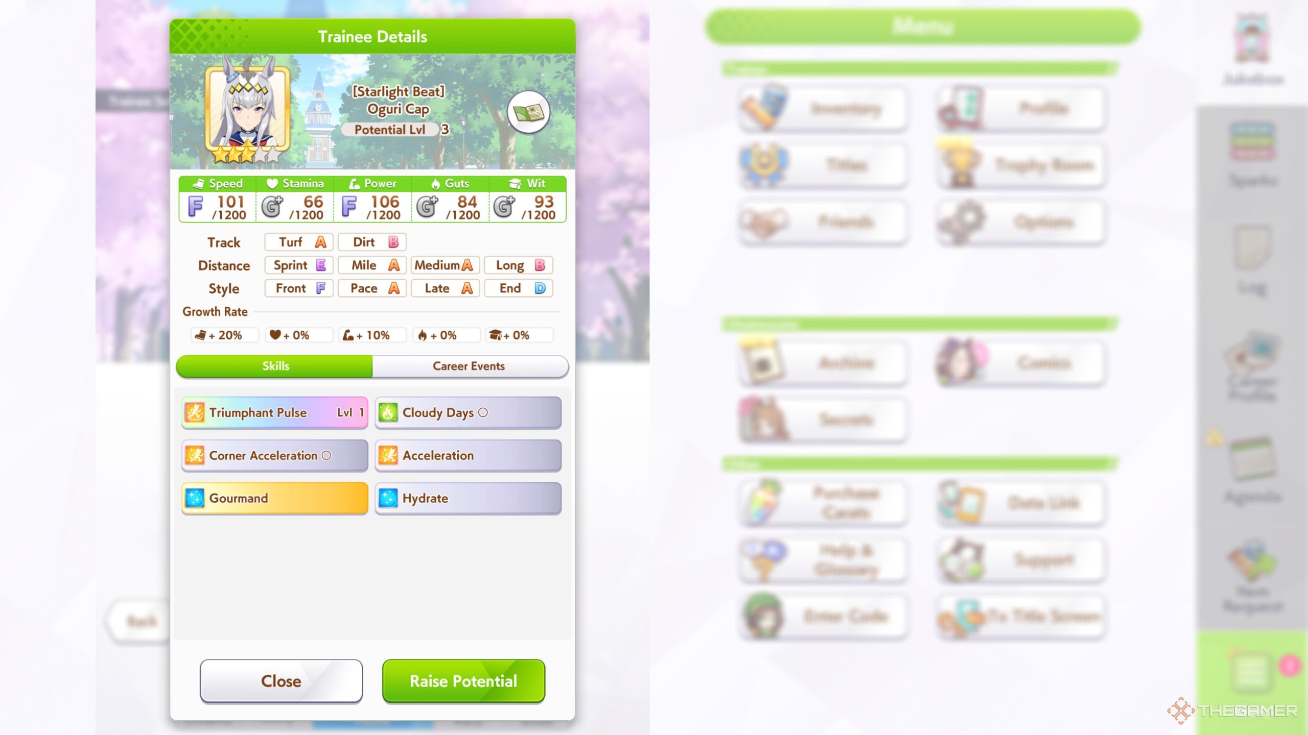 Umamusume Pretty Derby Oguri Cap base stats and skills.
