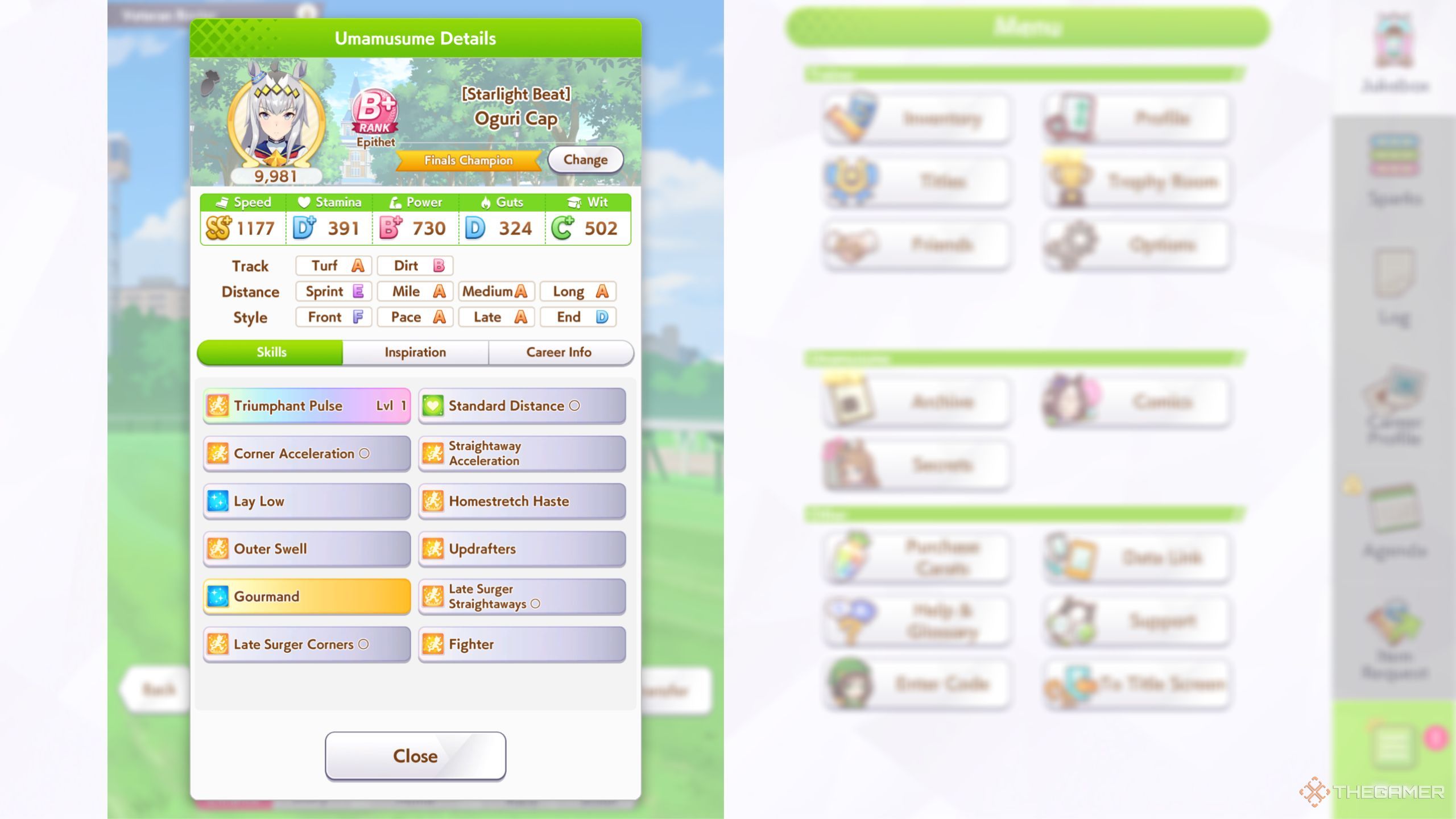 Umamusume Pretty Derby Oguri Cap full B+ run with many skills and good stats.