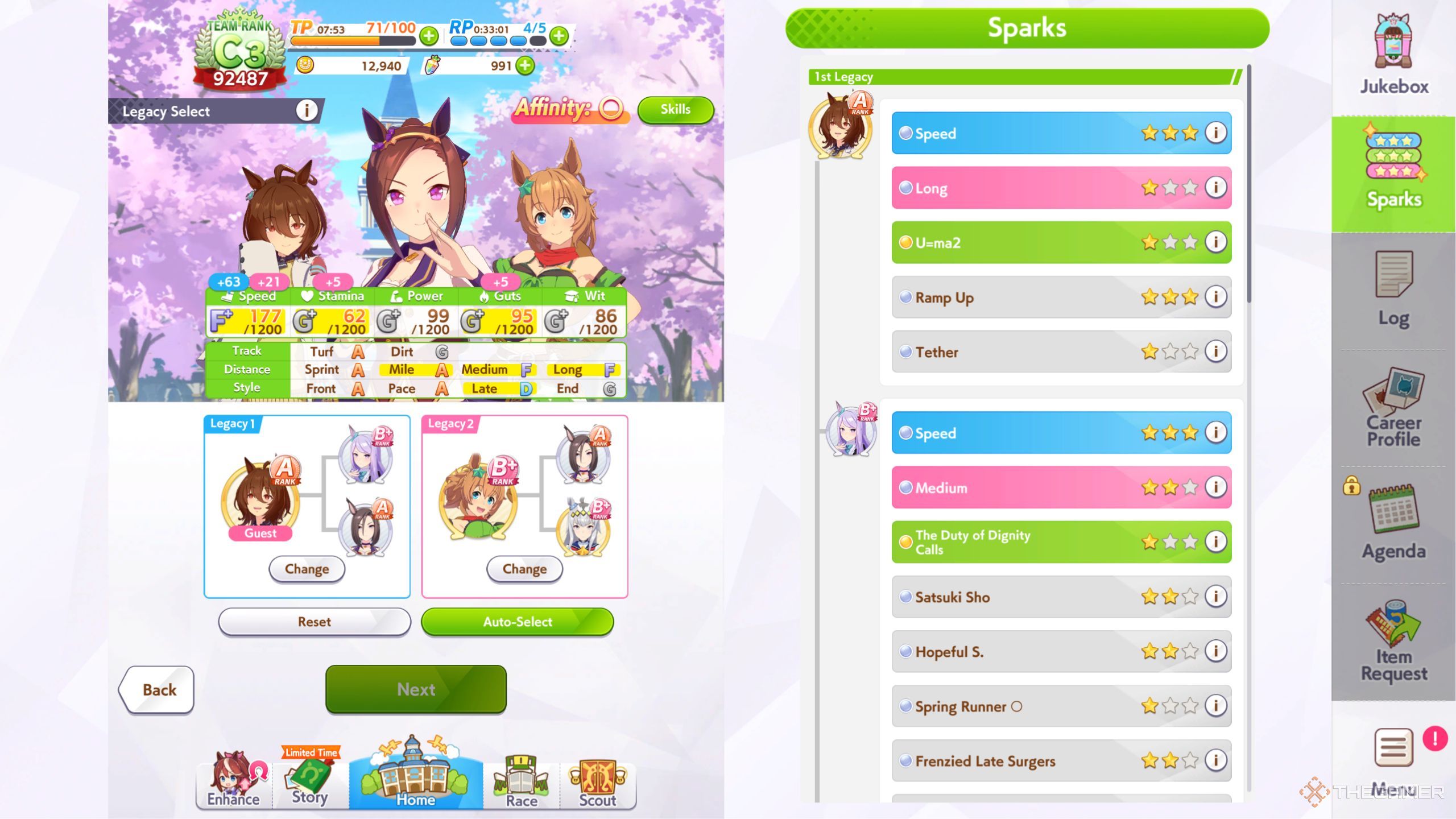 Umamusume Pretty Derby Sakura Bakushin O base stats and legacy screen.