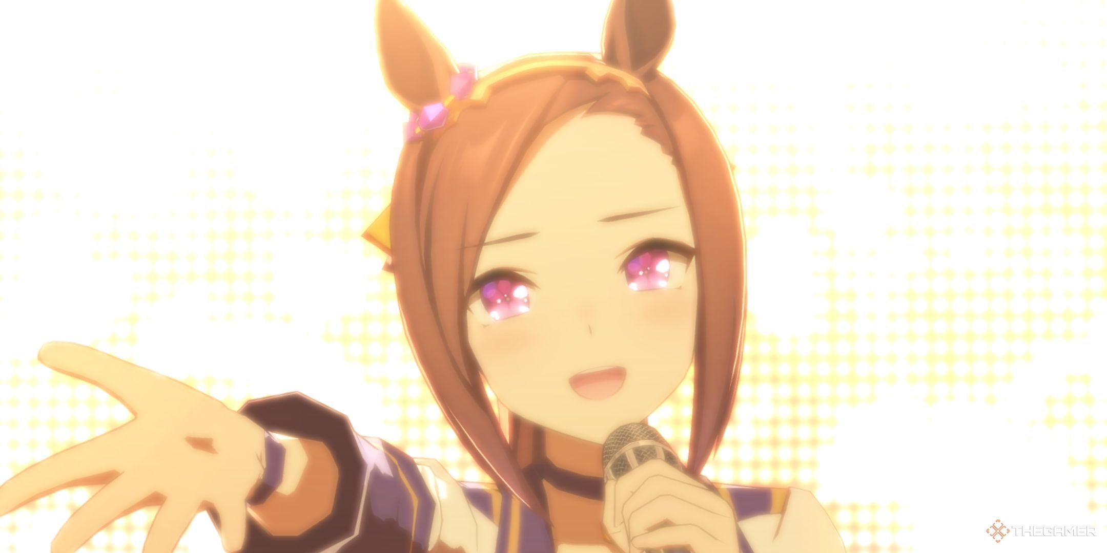 Umamusume Pretty Derby Sakura Bakushin O closeup while singing.