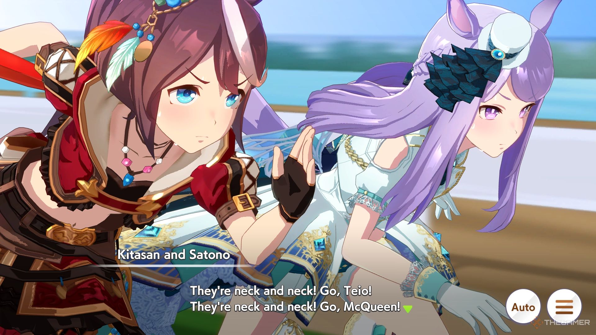 Umamusume Pretty Derby Tokai Teio and McQueen neck and neck in a race.
