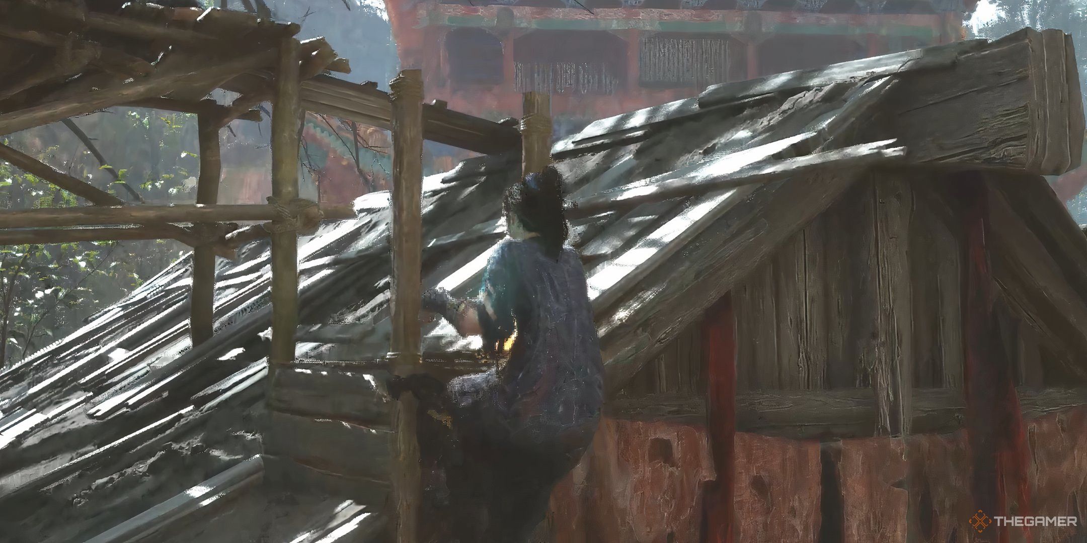 Wuchang climbing up a ladder in Wuchang: Fallen Feathers.