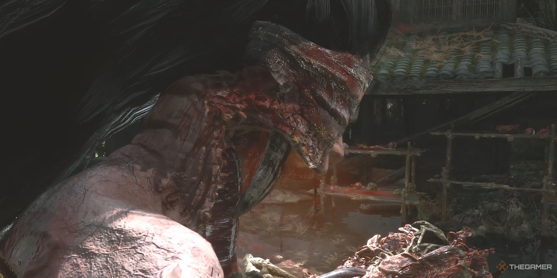 A gore-ridden monster covered in blood in Wuchang: Fallen Feathers.