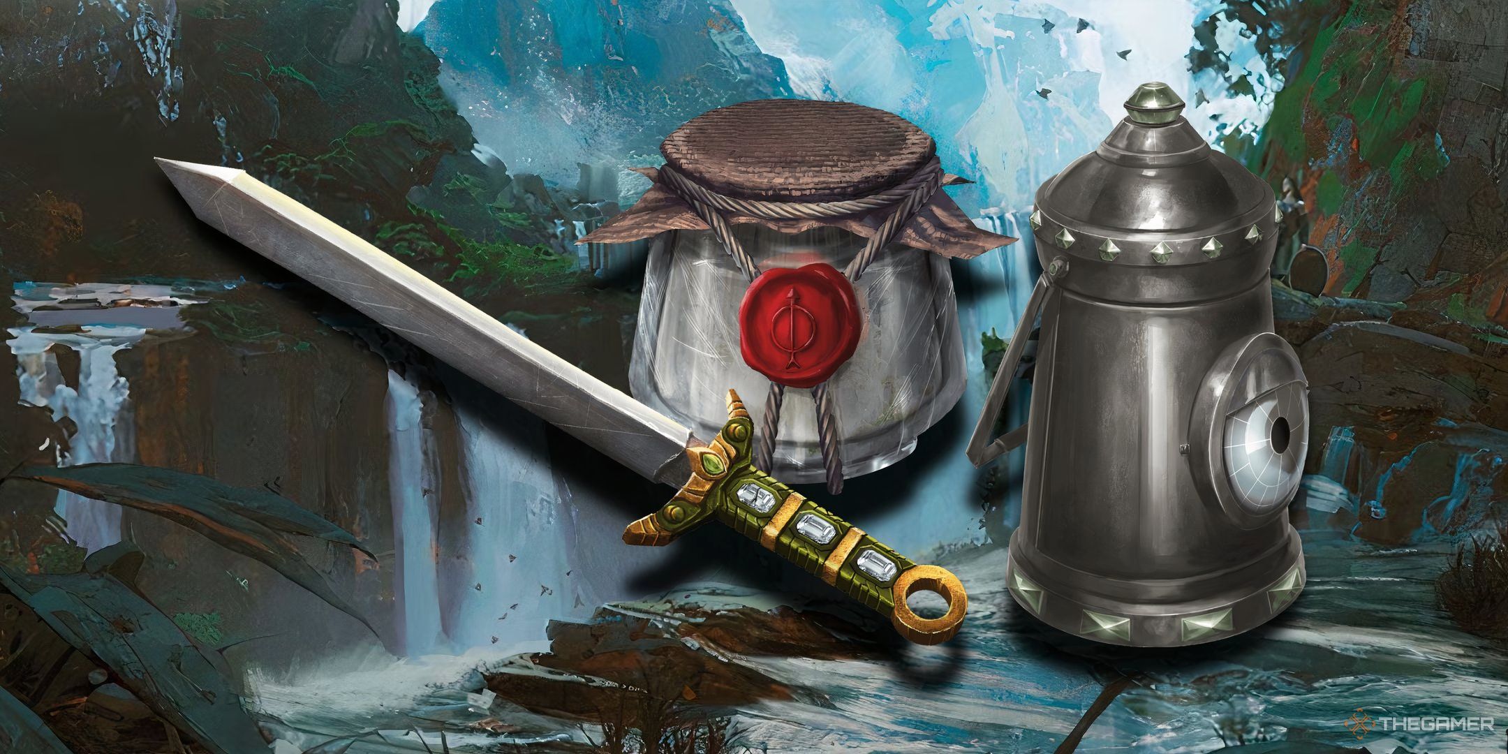 Three magic items in DND against a backdrop of a jungle.