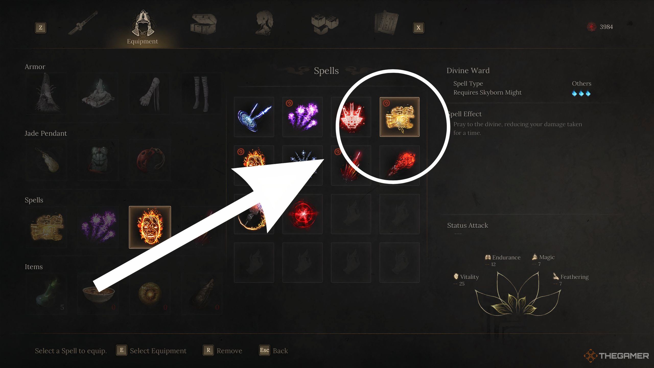 A white arrow and circle indicating the Divine Ward spell in Wuchang: Fallen Feathers.