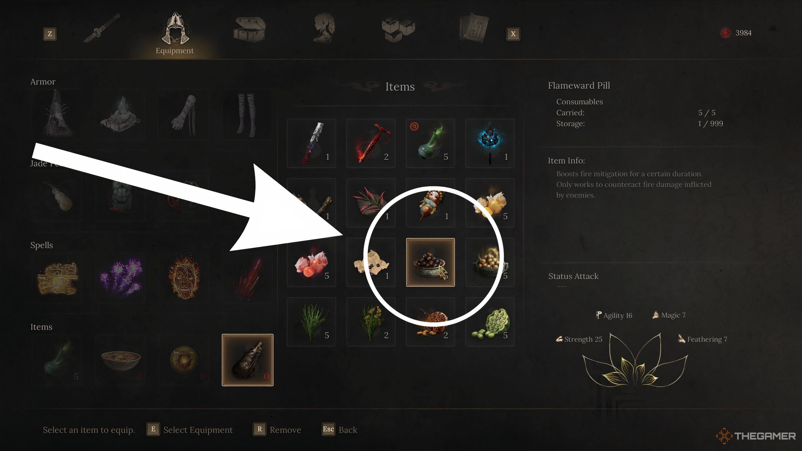 A white circle and arrow indicating the Flameward Pill in Wuchang: Fallen Feathers.