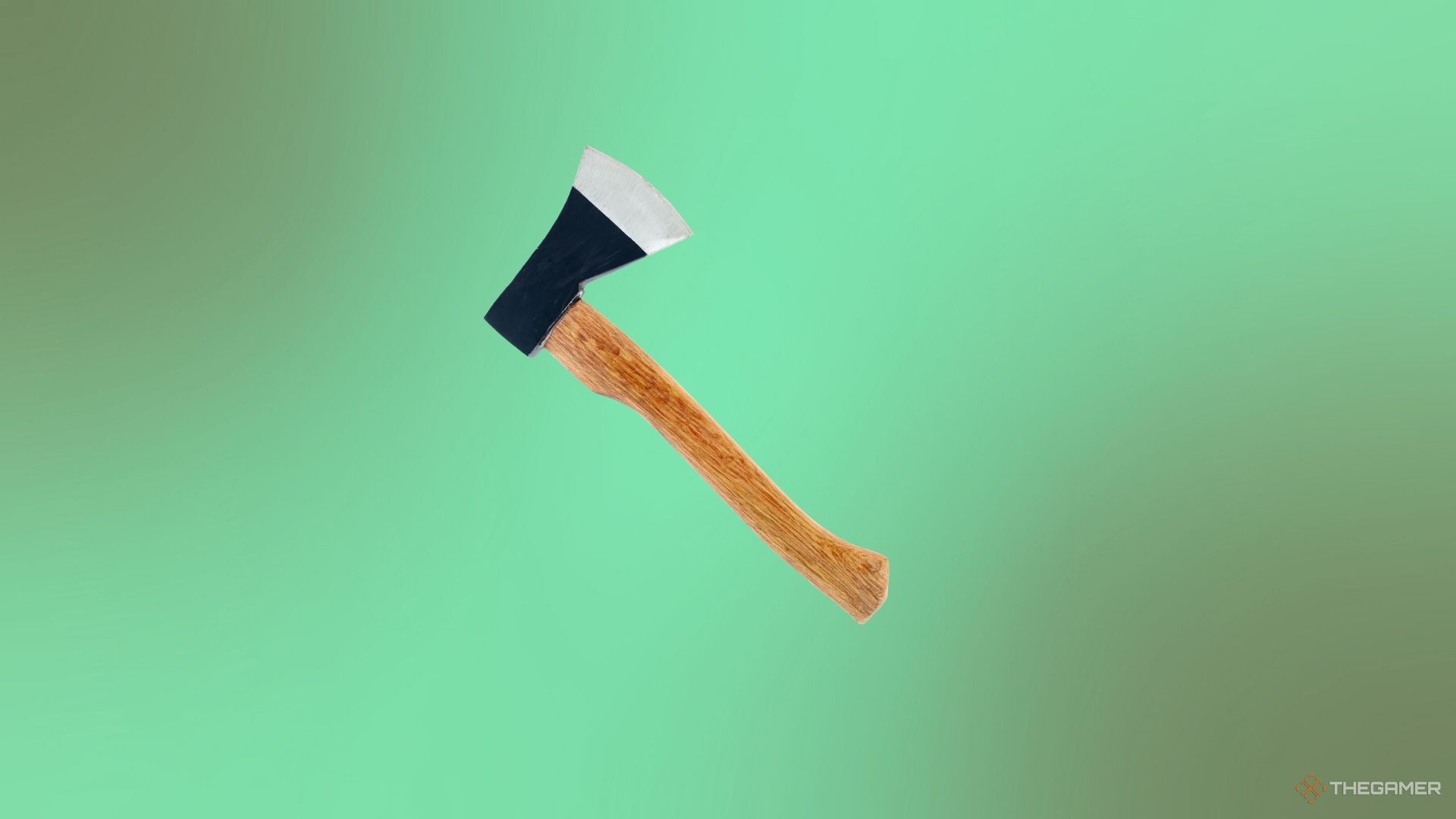A woodcutting axe against a green background.