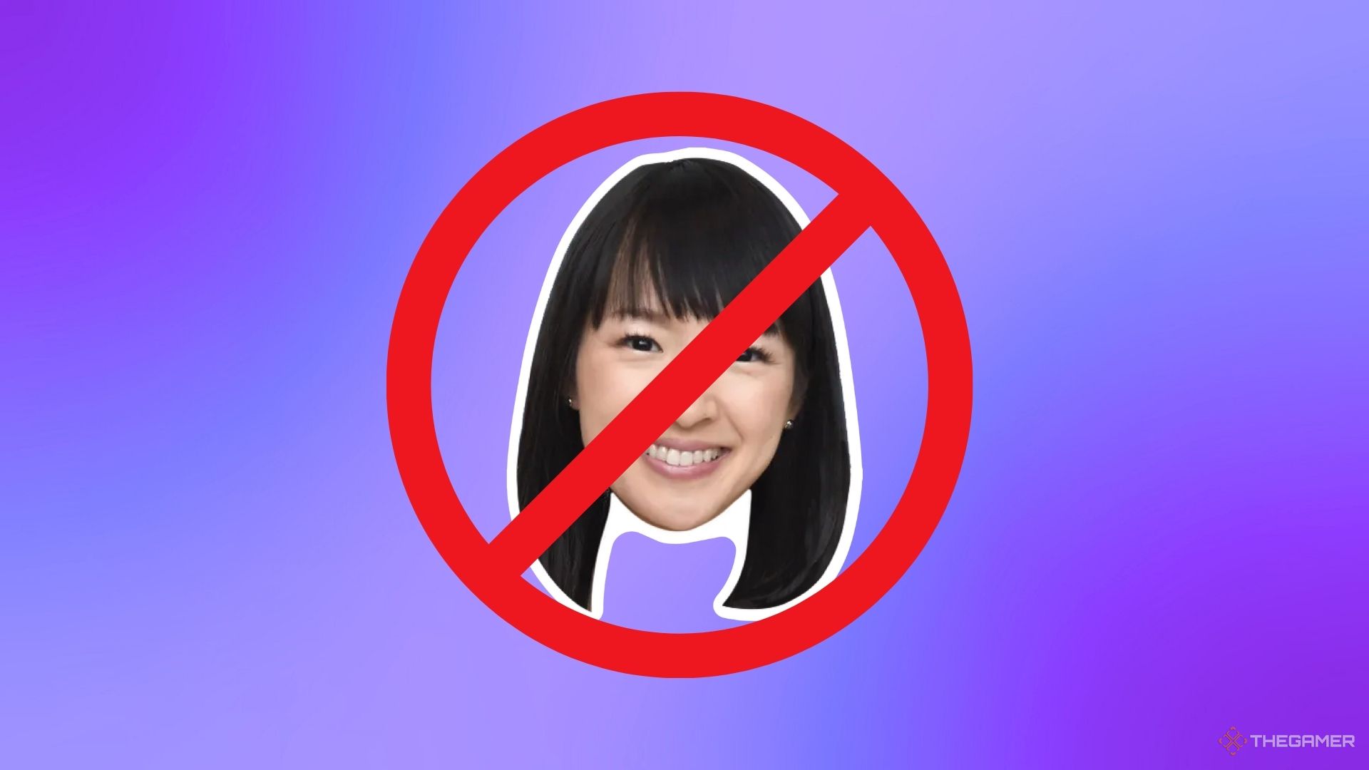 Marie Kondo against a purple background, covered by a stop sign.